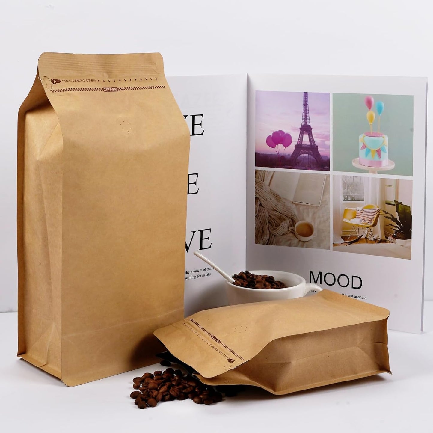 Coffee Bags with Valve (50 PCS,8oz/0.5lb) Kraft Paper High Barrier Aluminum Foil Flat Bottom Standing Coffee Beans Storage Packaging Bags,Reusable Heat Seal Side Zipper Pouches for Small Business&Home