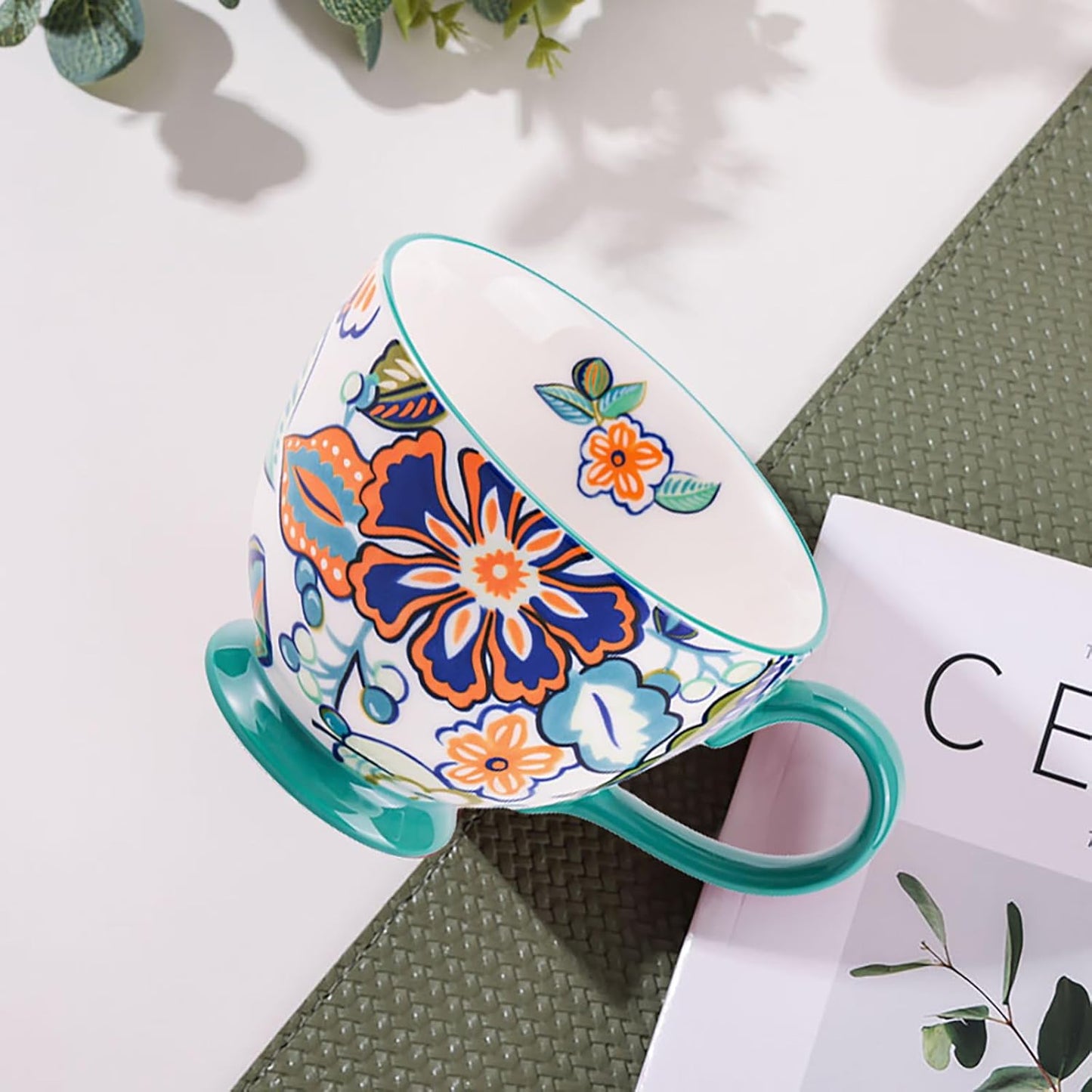 Vintage Flower Mugs β Large Ceramic Coffee Mug (15oz) β Cute Cereal Cup for Breakfast, Oatmeal Tea & Hot Drinks β Handmade Ceramic Cup with Floral Design