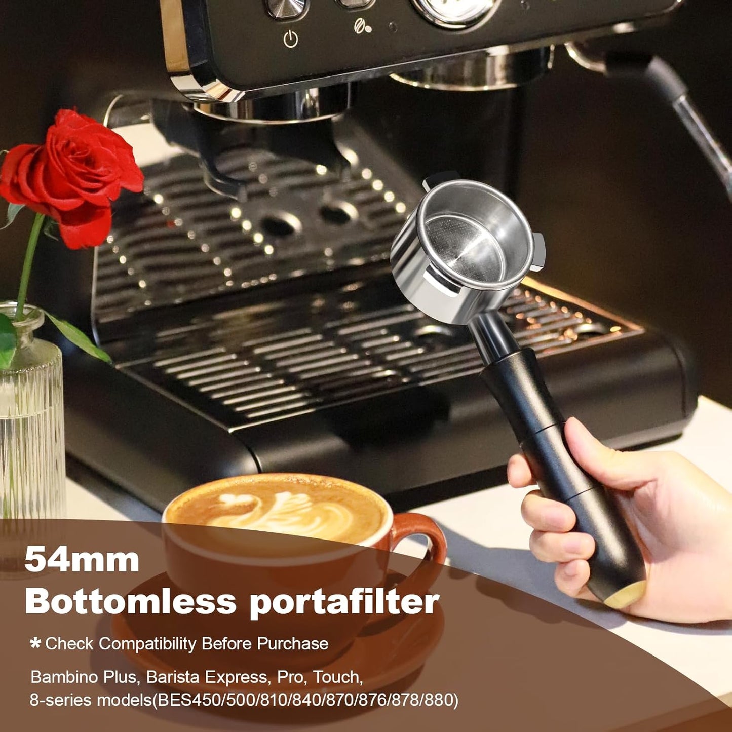 MEION 54mm Bottomless Portafilter Compatible with Breville Barista Express Machines, Sage, Barista Pro, BES870XL, BES878, BES880, Espresso Portafilter with 18g Filter Basket & Puck Screen