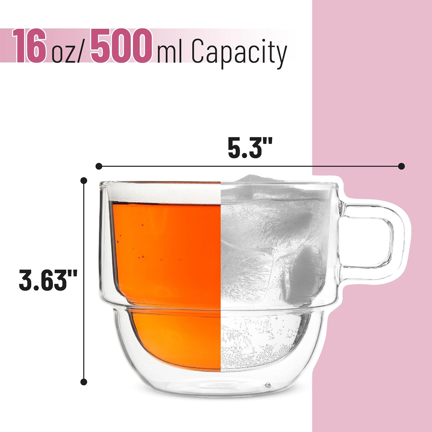 BTaT- Stackable Insulated Coffee Mugs, 4 Pack 16 oz(500 ml), Ideal for Hot and Cold Drinks, Stackable Cappuccino Cups, Double Wall Glass Coffee Cups, Tea Cups, Latte Cups, Beer Glasses, Latte Mug