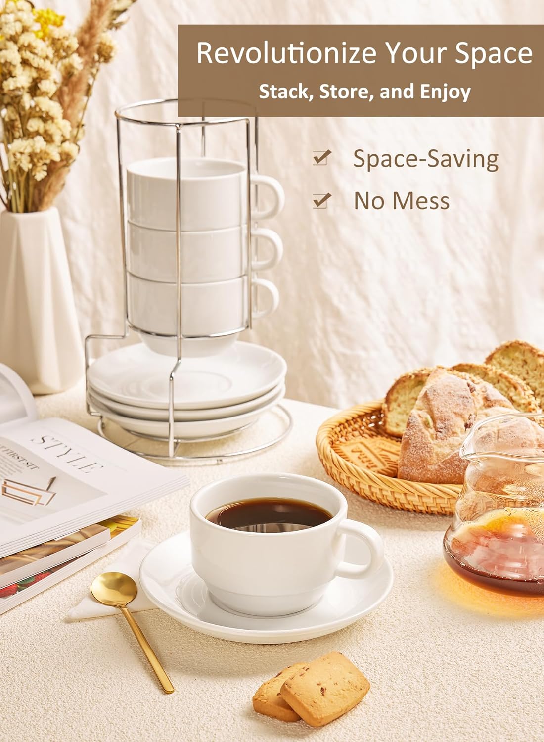 Yedio Porcelain 4 oz Espresso Coffee Cups with Saucers and Metal Stand, Porcelain White Stackable Cappuccino Cups Set of 4