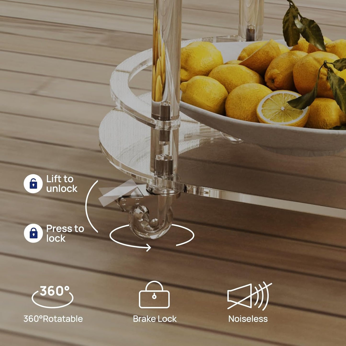 HMYHUM Acrylic Bar Cart with 4 Lockable Wheels, Clear Home Beverage Cart with Glass Holder, 3-Tier Rolling Serving Cart for Kitchen, Dining Room, Modern, Oval, 15''D x 23.6''W x 32.3''H