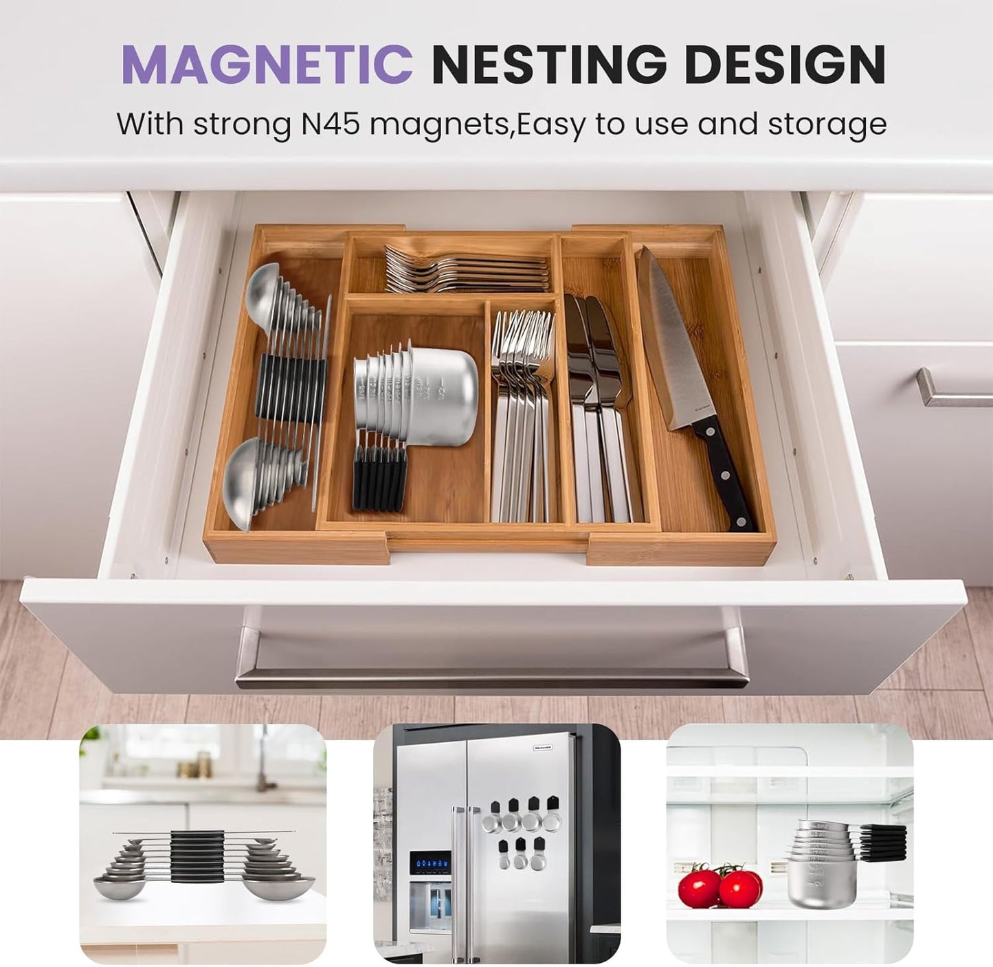 Magnetic Measuring Cups and Spoons Set-Heavy Duty 304 Stainless Steel,Double Measurement Markings,Set of 16 with Leveler for Measure Dry and Liquid Ingredients (Black)