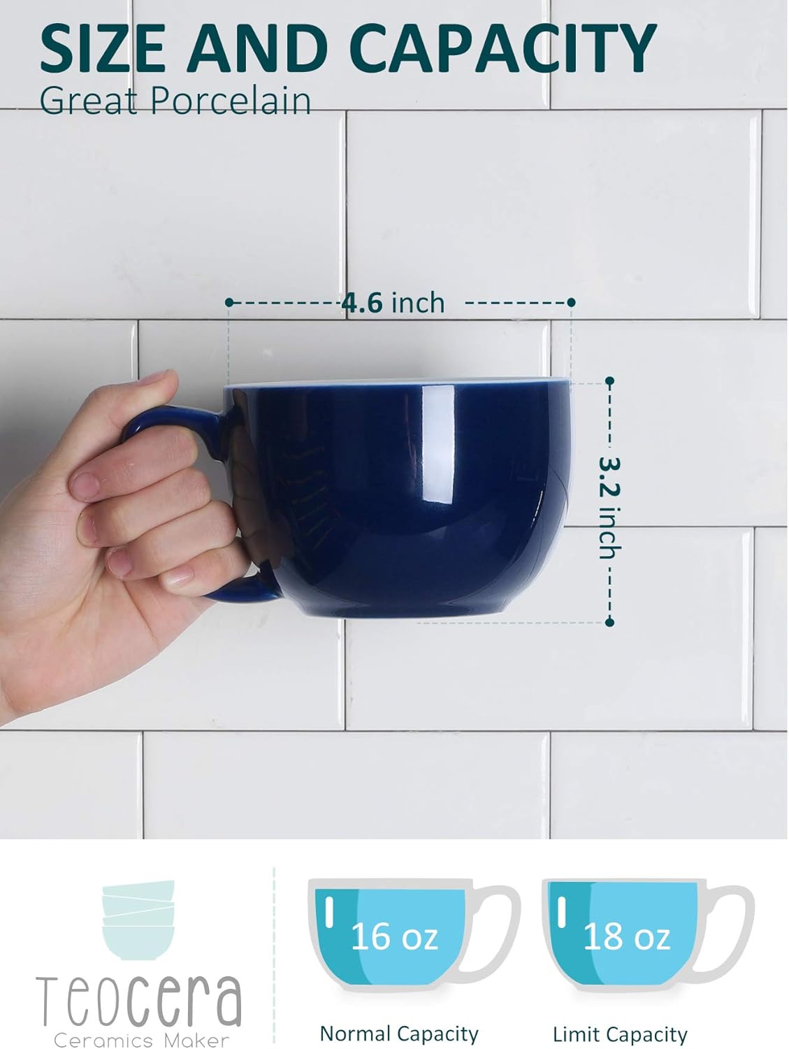Teocera 16oz Large Coffee Mugs Set of 4 - Thick White Porcelain Cups for Cappuccino, Latte, Tea & Hot Chocolate - Dishwasher Safe Ceramic with Comfort Grip Handles(Navy