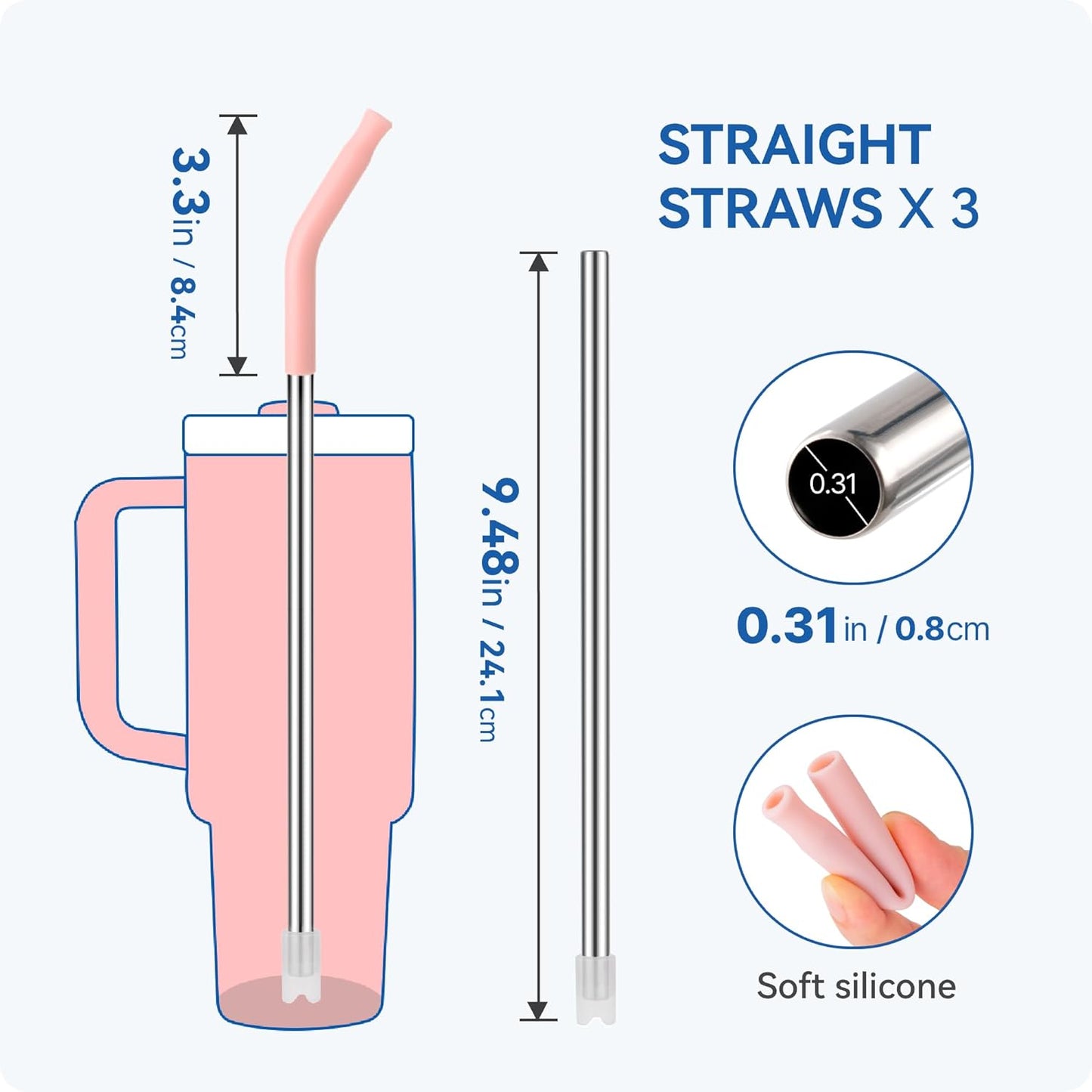Reusable Metal Straws with Silicone Tip for Stanley 30oz,Stainless Steel Drinking Straws for 30oz Tumbler,3 Straight Tubes & 6 Tips& 1 Cleanr Brush (Iris)