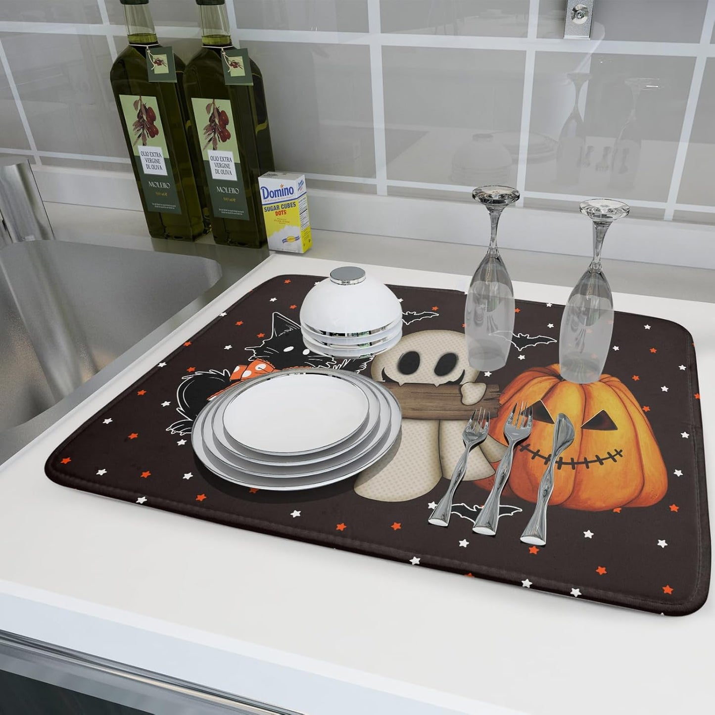 Giwawa 18"x24" Halloween Dish Drying Mat Spooky Pumpkin Ghost Black Cat Bats Kitchen Drainer Mats Holiday Gothic Reversible Microfiber Dish Drying Pad Large Size for Countertop Tabletop Decor