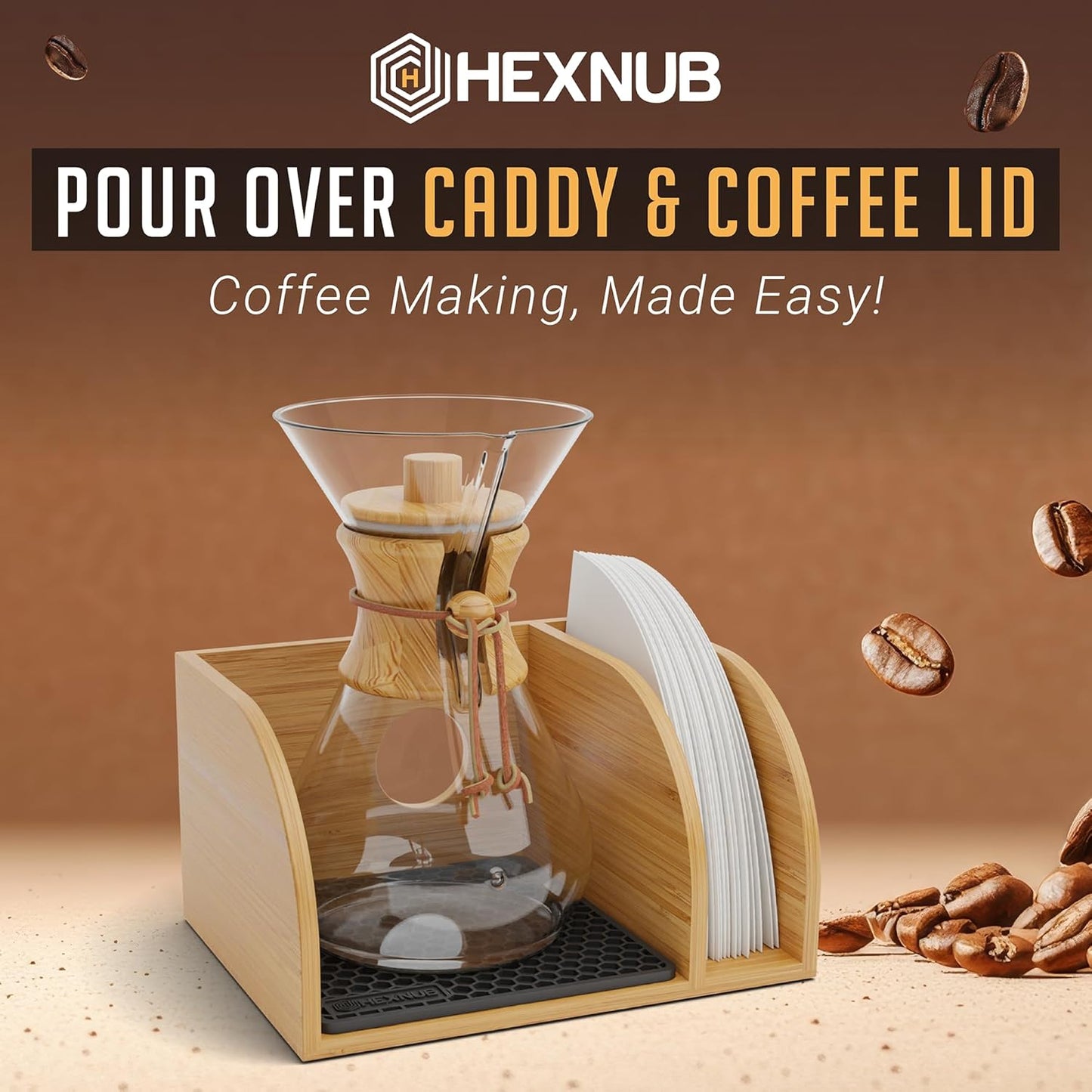 HEXNUB Caddy and Lid for Pour Over Coffee Maker, Bamboo Stand fits Chemex, Bodum, Cosori Coffee Carafes, Heatproof Mat, Filter Holder - Black Mat