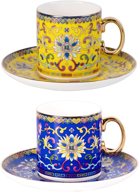 KAMMAK Tea Cups and Saucers Set of 2, Porcelain Coffee Cups with Saucer for Espresso, Cappuccino, 7oz Vintage Yellow and Blue Ceramic Demitasse Mug for Home, Tea Party, Office