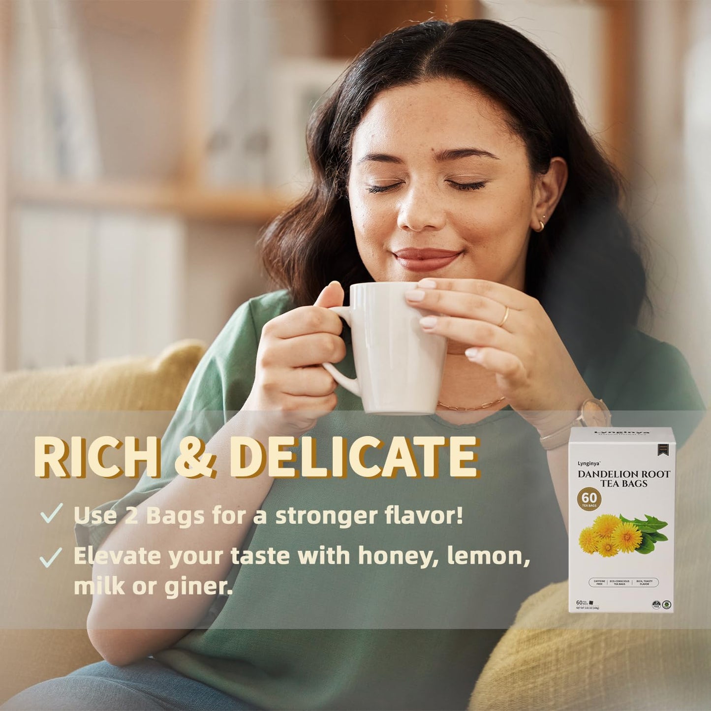 Lynginya Dandelion Root Tea, 60 Tea Bags (Pack of 2) - Premium Herbal Tea - Rich Flavor - No Sugar & No Caffeine - Total 120 Bags