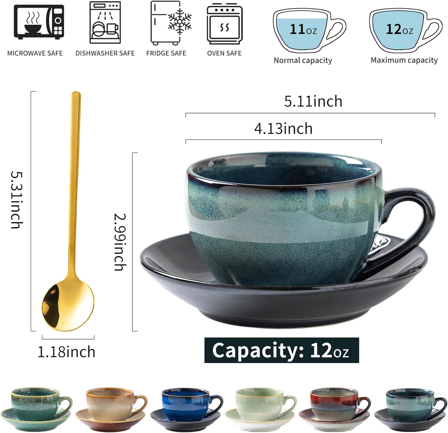 Porcelain Coffee Cup with Saucer Spoon, Vintage Design Ceramic Latte Art Cappuccino Barista Espresso Tea Cup with Saucer (11.6 oz, 350ml, Mist Green)