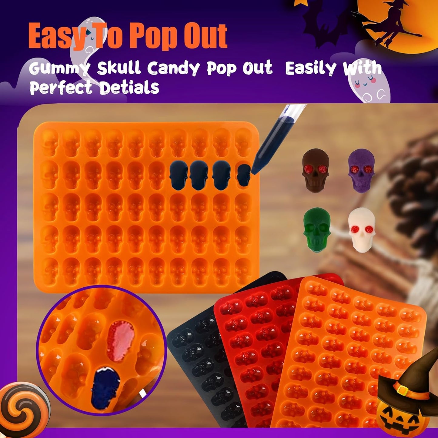 3 Pack Halloween Gummy Skull Candy Molds Silicone,Halloween Mini Skull Mold with 2 Droppers for Chocolate, Candy,Ice Cube - Orange,Red,Black