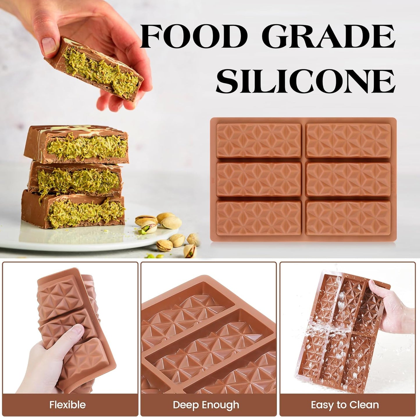 1 Pc Chocolate Bar Mold Deep Dubai Stuffed Silicone Molds for Filling Knafeh Pistachio Chocolate Bar and Wax Melts Rectangle Thick Candy Bar Molds Break Apart (Pyramid)