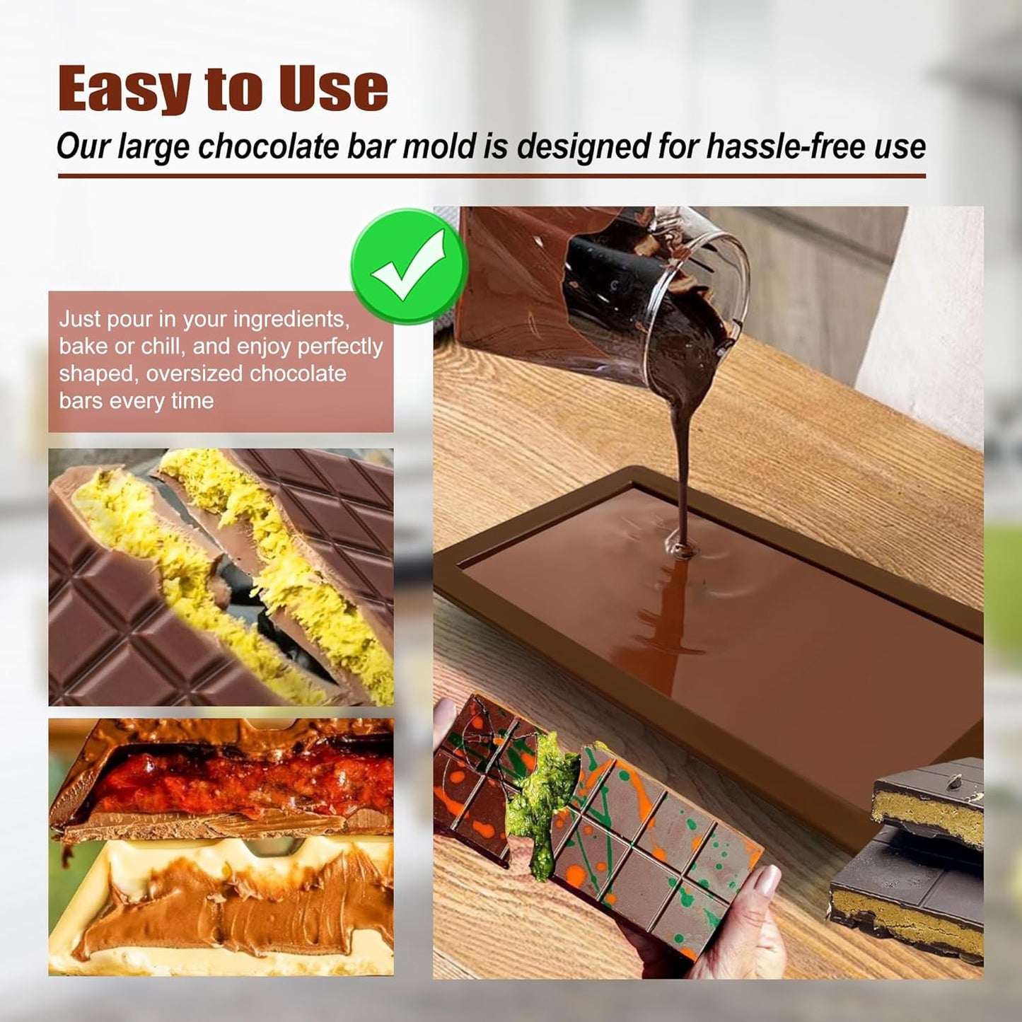 2 Pack Deep Chocolate Bar Molds Silicone,Large Stuffed Dubai Pistachio Deep Bar Moulds Kit 1 Inch Thick Big,for Homemade Making Bar Candy Bar Bpa Free DIY.