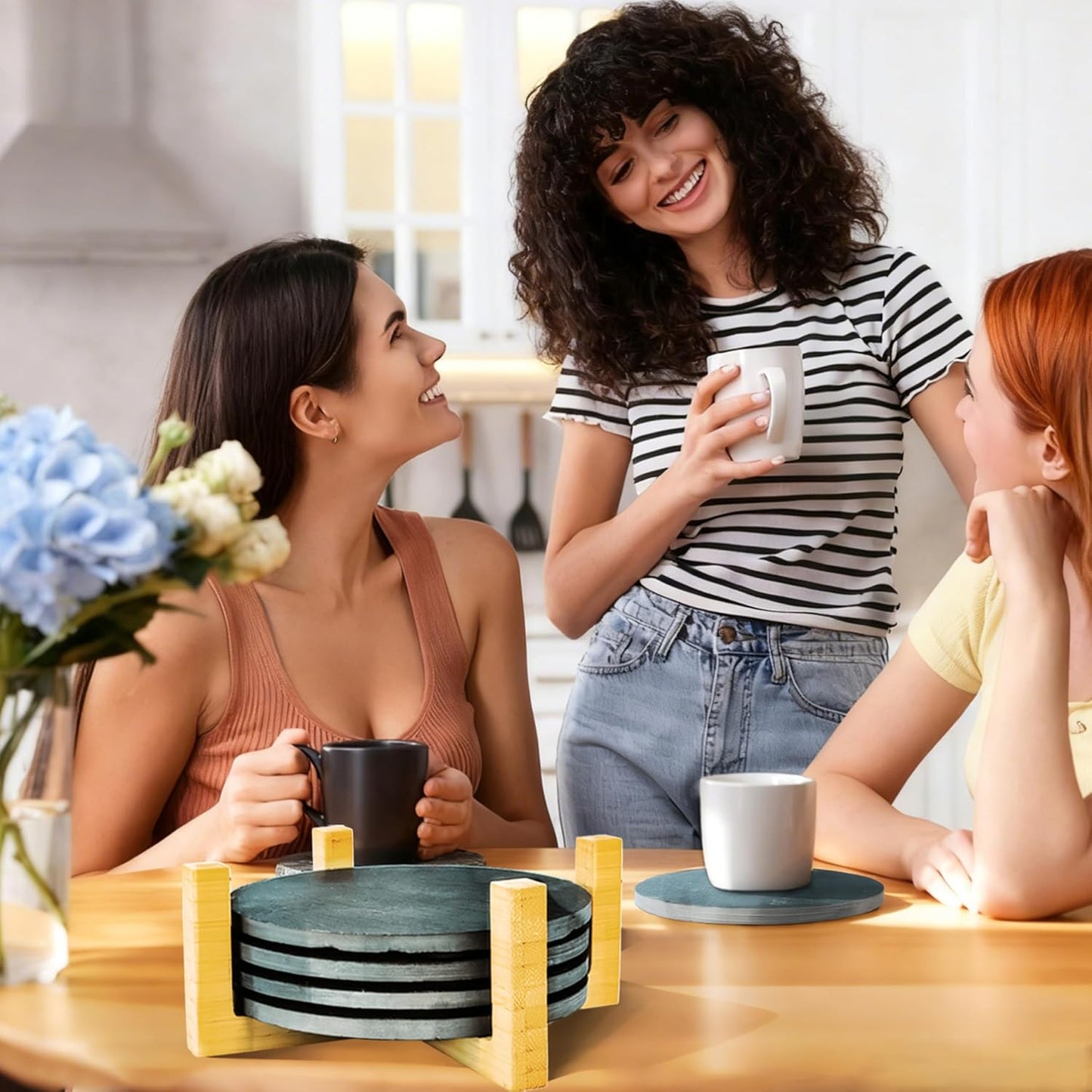 Black Nature Stone Coasters Set of 4, Slim Round Drink Coasters for Coffee Table Anti-Scratch, Boho Desk Dรฉcor for Office Bar Kitchen and Home, Protect Wood Glass Surfaces (4pack)