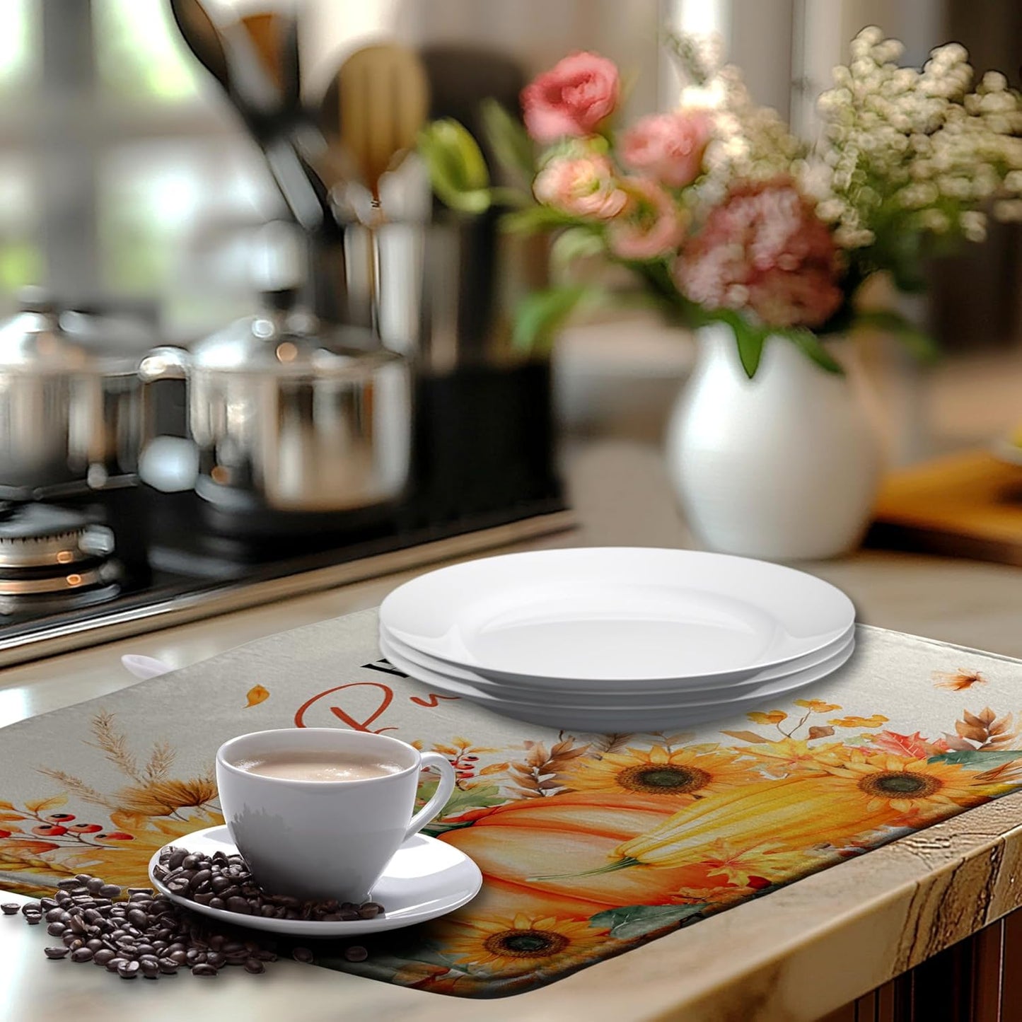 Fall Pumpkin Dish Drying Mat Autumn Maple Leaves Harvest Large Kitchen Mats Dish Drying Pad Absorbent Dish Dryer Mat for Kitchen Countertops Microfiber Drainer Pad Dish Drying Mats (18x24 in)