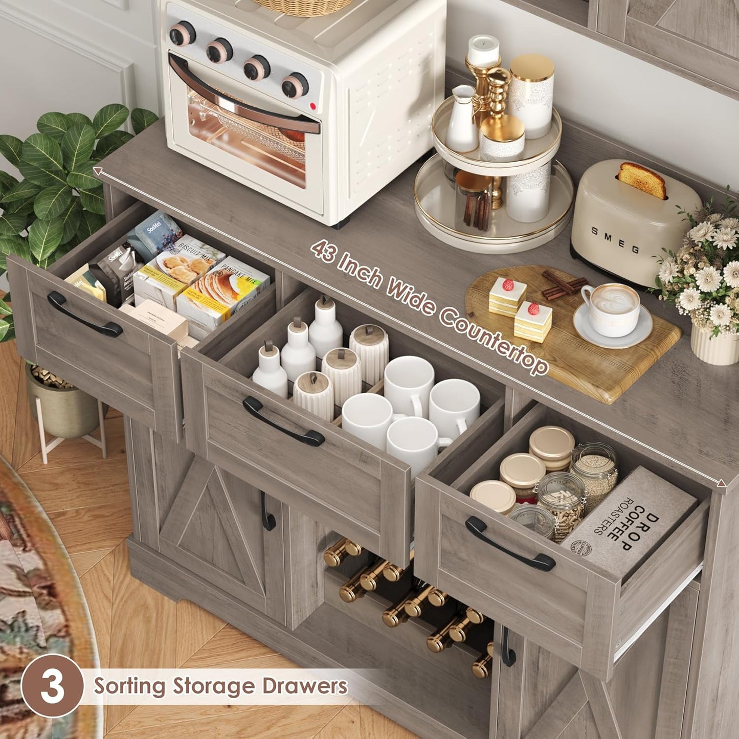 HIFIT 72" Kitchen Pantry Hutch Cabinet with Storage, Farmhouse Wood Coffee Bar with Wine Rack and Microwave Stand, Tall Storage Cabinet with Barn Doors and Shelves for Dining Living Room, Ash Grey