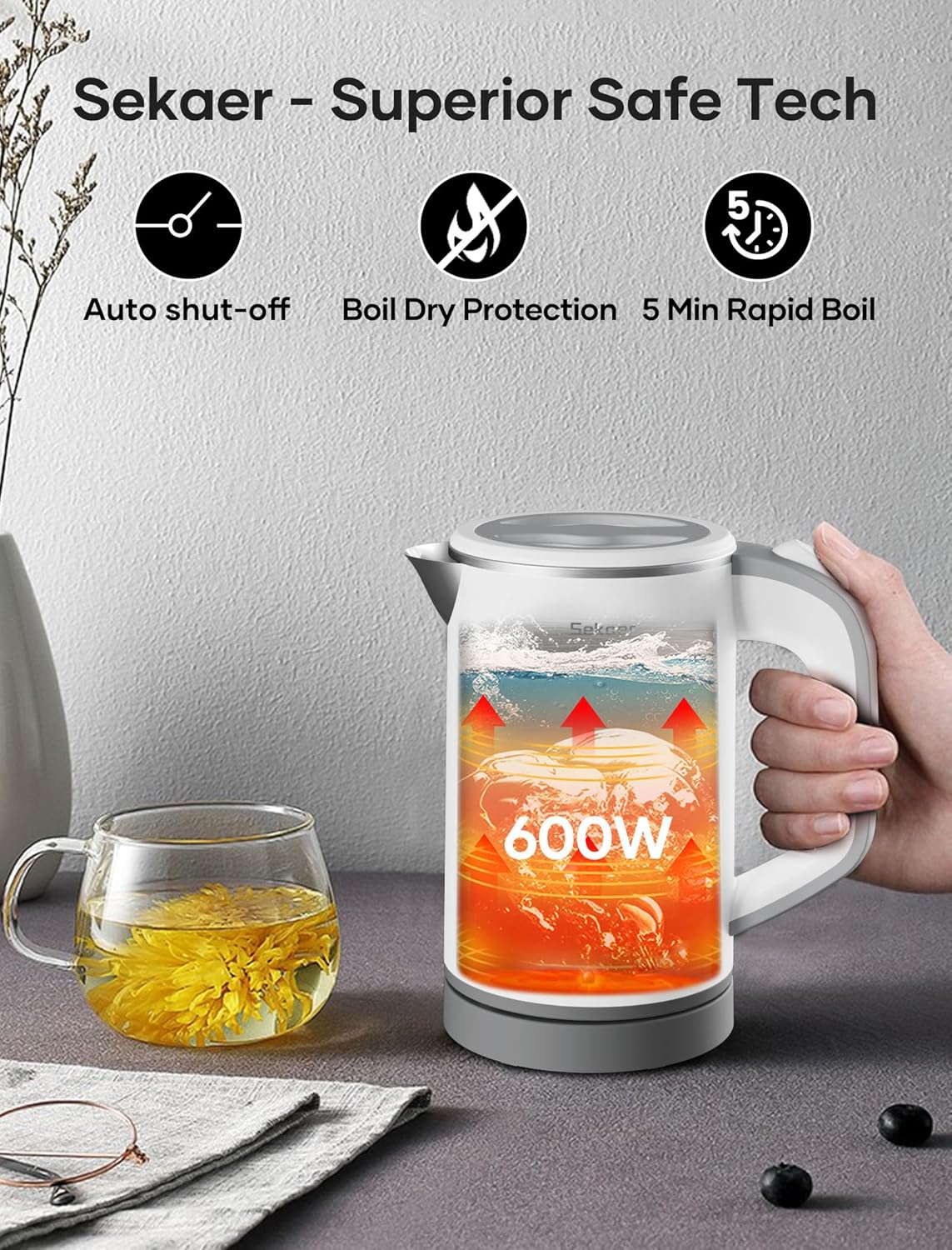 Sekaer Small Electric Tea Kettle Stainless Steel 0.8L Portable Travel Hot Water Boiler, Mini Electric Coffee Kettle with Auto Shut-Off & Boil Dry Protection, Cordless Base & White