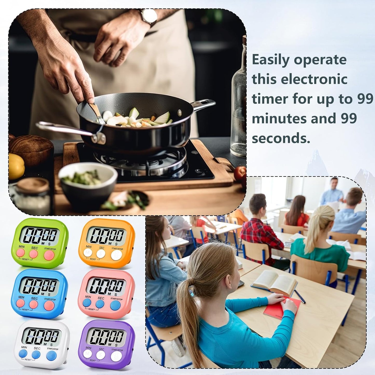 2 Pack Pack Digital Kitchen Timer Magnetic Digital Timer with Big Display Loud Ring Cooking Timers for Cooking, Game, Gym, Break Time, Classroom (2, Blue, Purple)