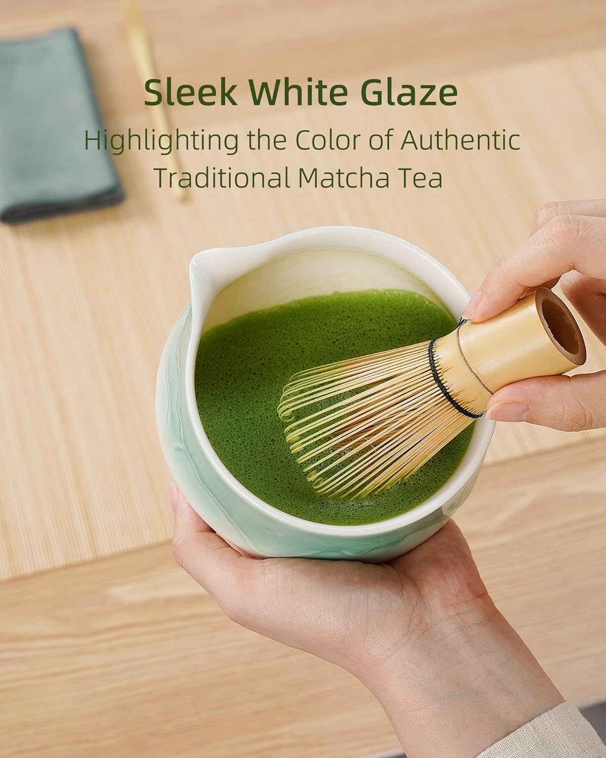 ZENS Matcha Whisk Set, Ceramic Matcha Set Includes Matcha Bowl, Matcha Whisk and Holder, Bamboo Scoop, Stainless Sifter & Tea Towel - 6Pcs Matcha Kit for Matcha Ceremony, Blue