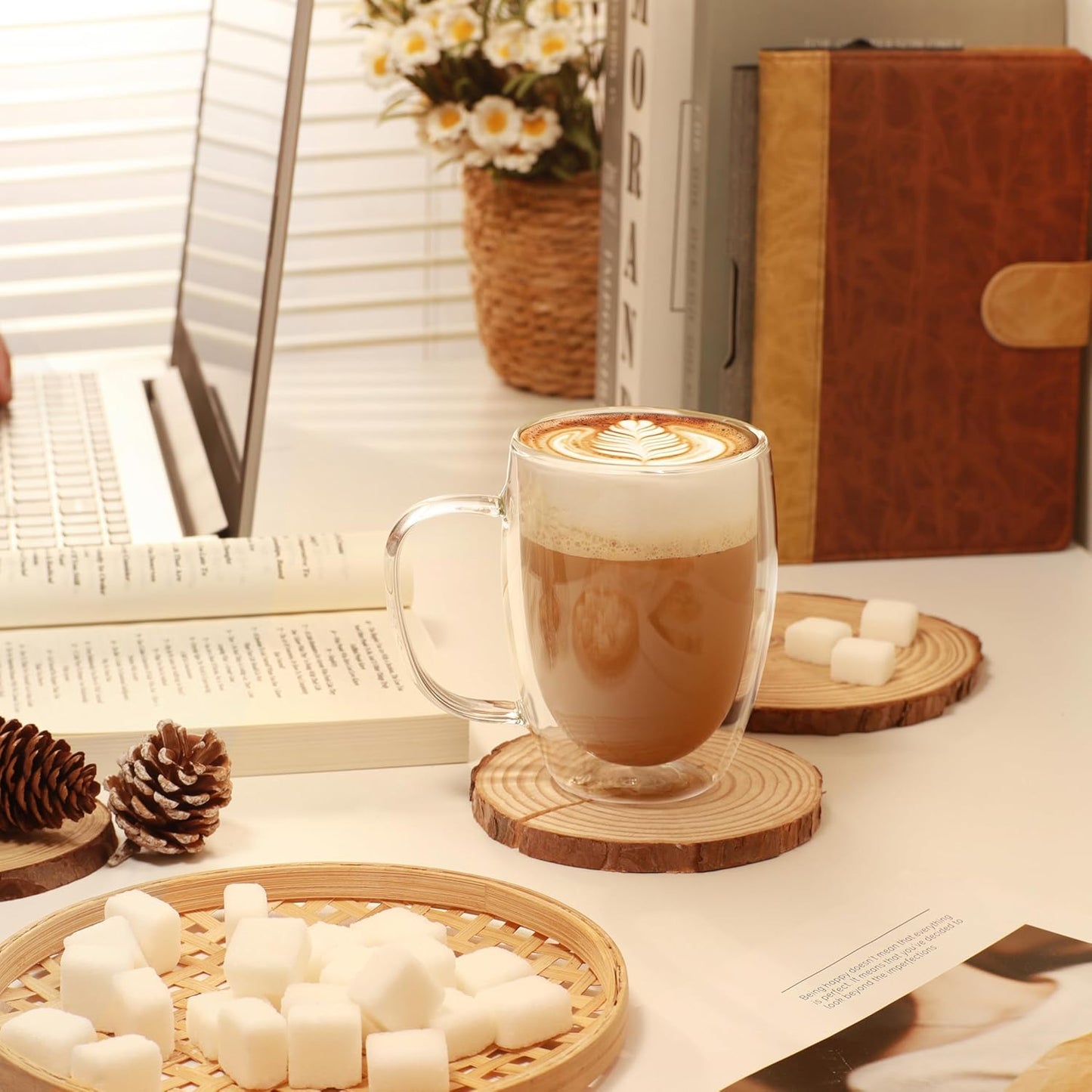 CNGLASS 6 Pack Double Walled Glass Coffee Mugs,12oz Clear Coffee Cups with Handle,Insulated Glass Espresso Mugs for Latte,Cappuccino,Tea