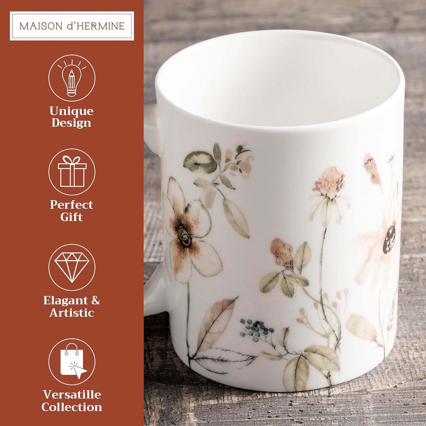 Maison d' Hermine Coffee Mug with Handles Fine Bone China Mugs Pack of One Tea Cups for Hot Beverages Cappuccino Latte Home Office Perfect for Gift (Ice Florals - Romantic Morning, 15 Ounce)