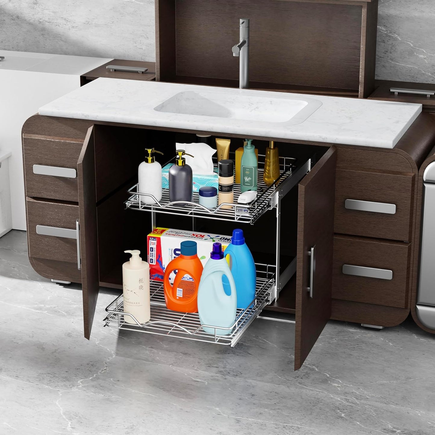HOLDN’ STORAGE Two Tier Pull Out Cabinet Organizer, Individual Sliding Drawers - Heavy Duty Metal with Lifetime Limited Warranty - Anti Rust Chrome Finish - 15" W x 21”D x 16.5" H