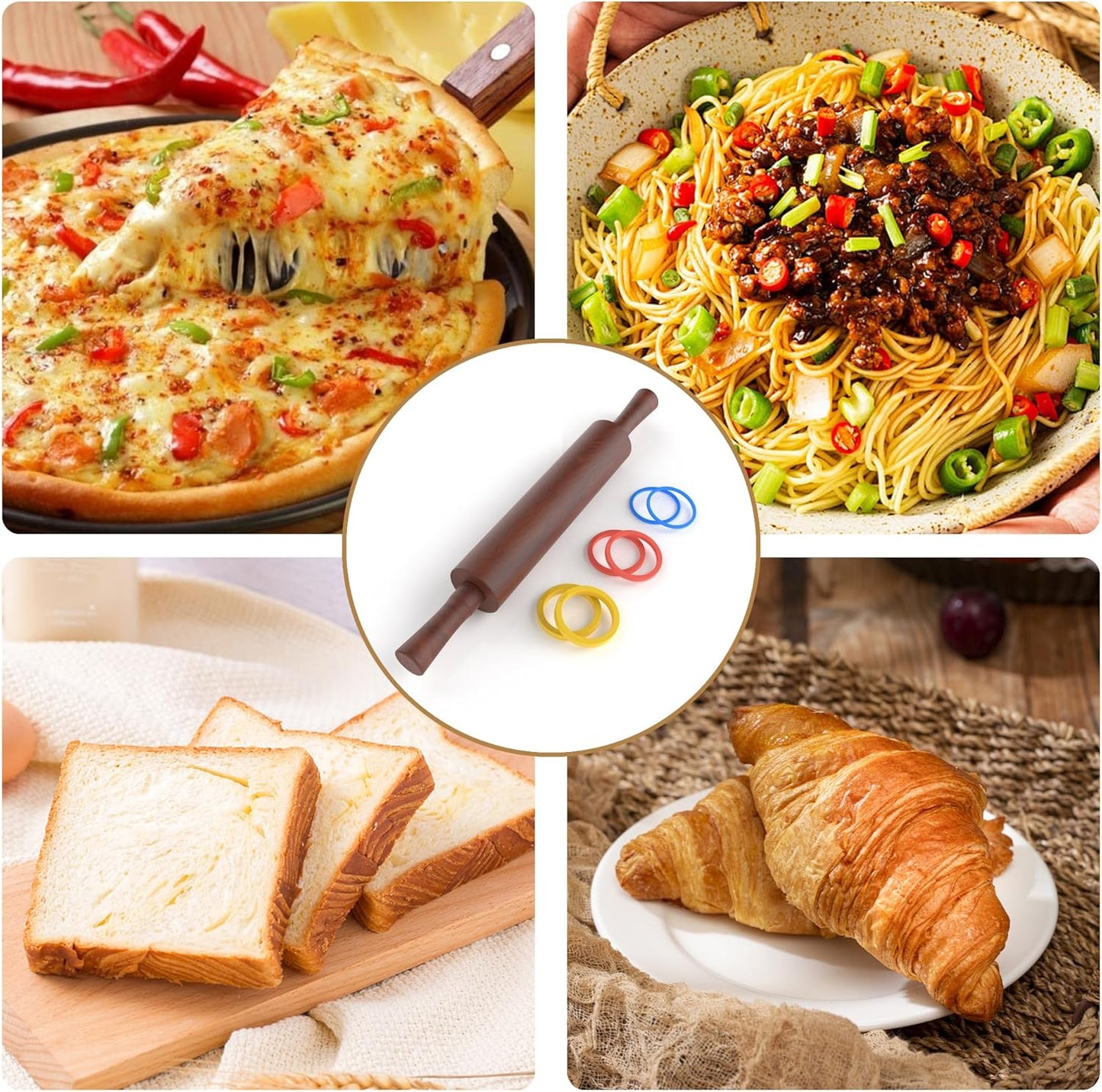 Classic Wooden Rolling Pin with Handle for Fondant, Pizza, Pies, Cookies, Pastries, Rolling Pin for Baking with 3 Multi-Color Thickness Rings, 17" x 2.5" (Include handle) Sapele Rolling Pin