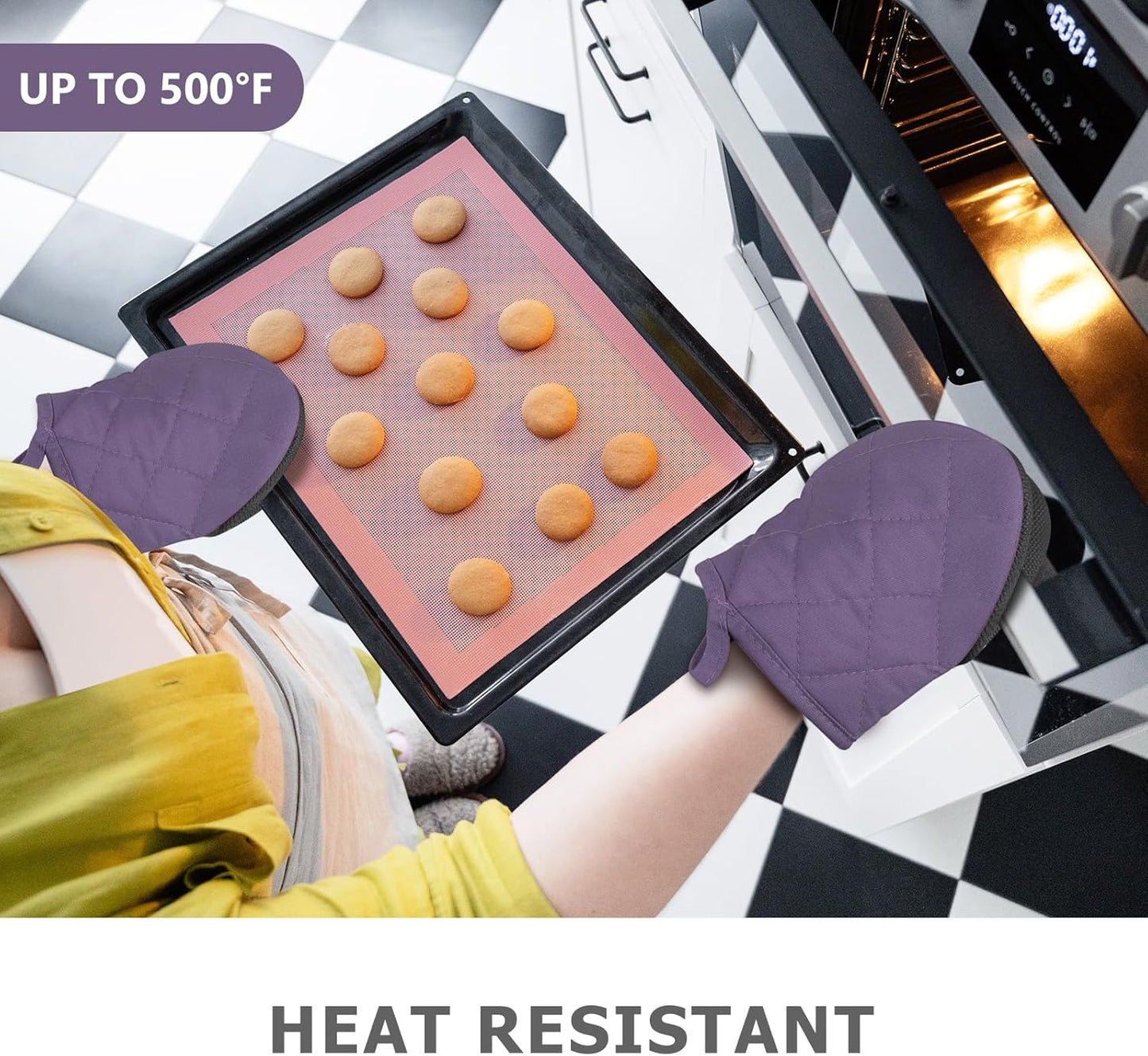 1 Pair Short Oven Mitts - Silicone Kitchen Oven Gloves High Heat Resistant 500℉, Mini Oven Mits with Non-Slip Grip Surfaces and Hanging Loop for BBQ, Baking, Cooking and Grilling (Purple)