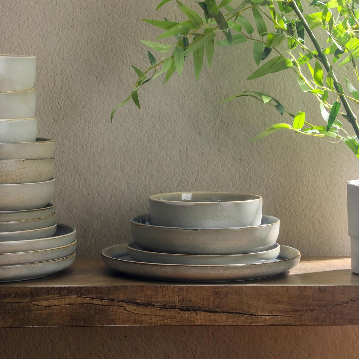 Gibson Elite Sunveil 16 Piece (Service for 4) Plates and Bowls Reactive Glaze Round Dishes Stoneware Ceramic Dinnerware Set -Blue