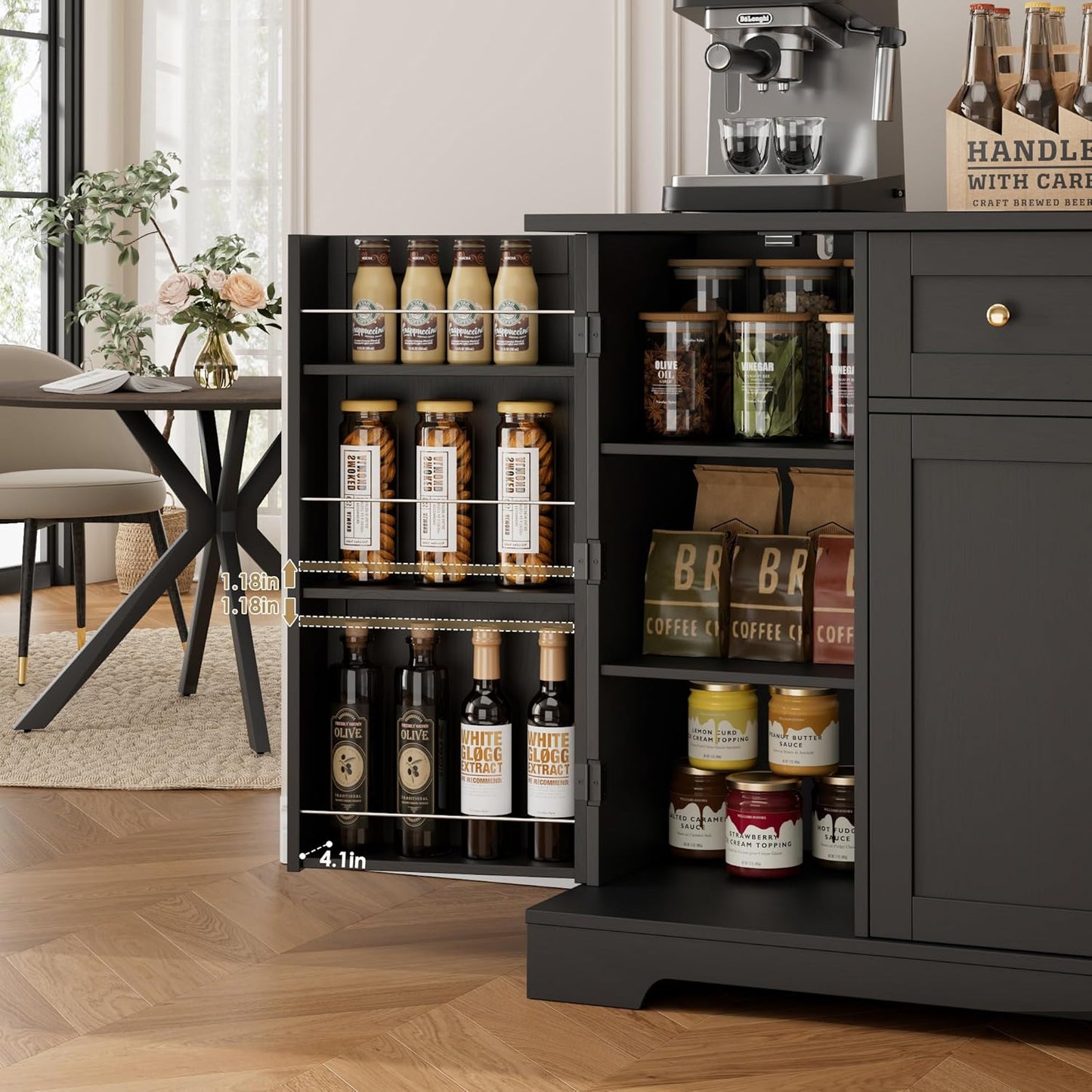 HITHOS 54" Buffet Cabinet with Storage, Modern Kitchen Buffet Sideboard with Drawer, Wood Coffee Bar with Adjustable Shelves, Kitchen Storage Cabinet for Living Room, Black