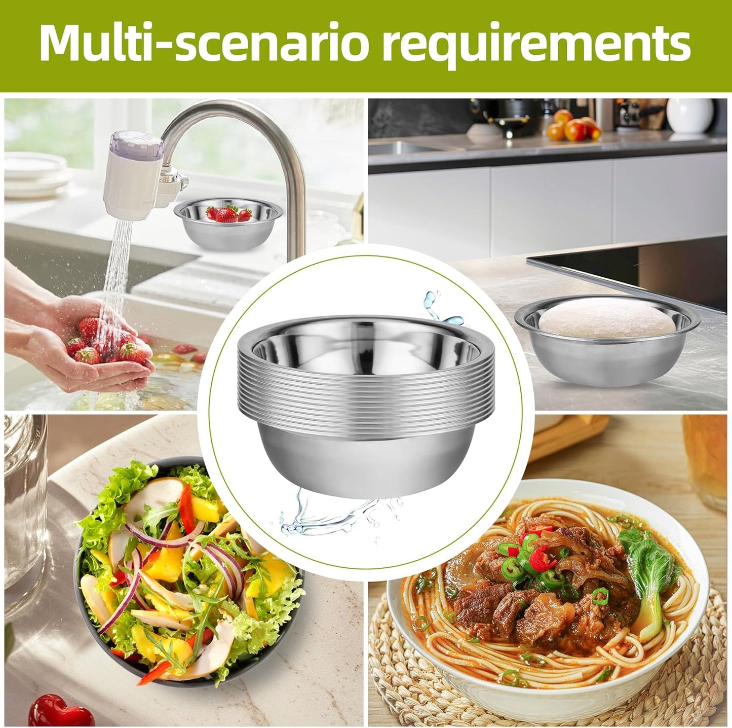 12 Pack 9.45 x 2.68 Inch Stainless Steel Mixing Bowls for Bulk Food Prep with Nesting Design for Hotel Restaurant and Home Kitchen Cooking in Silver