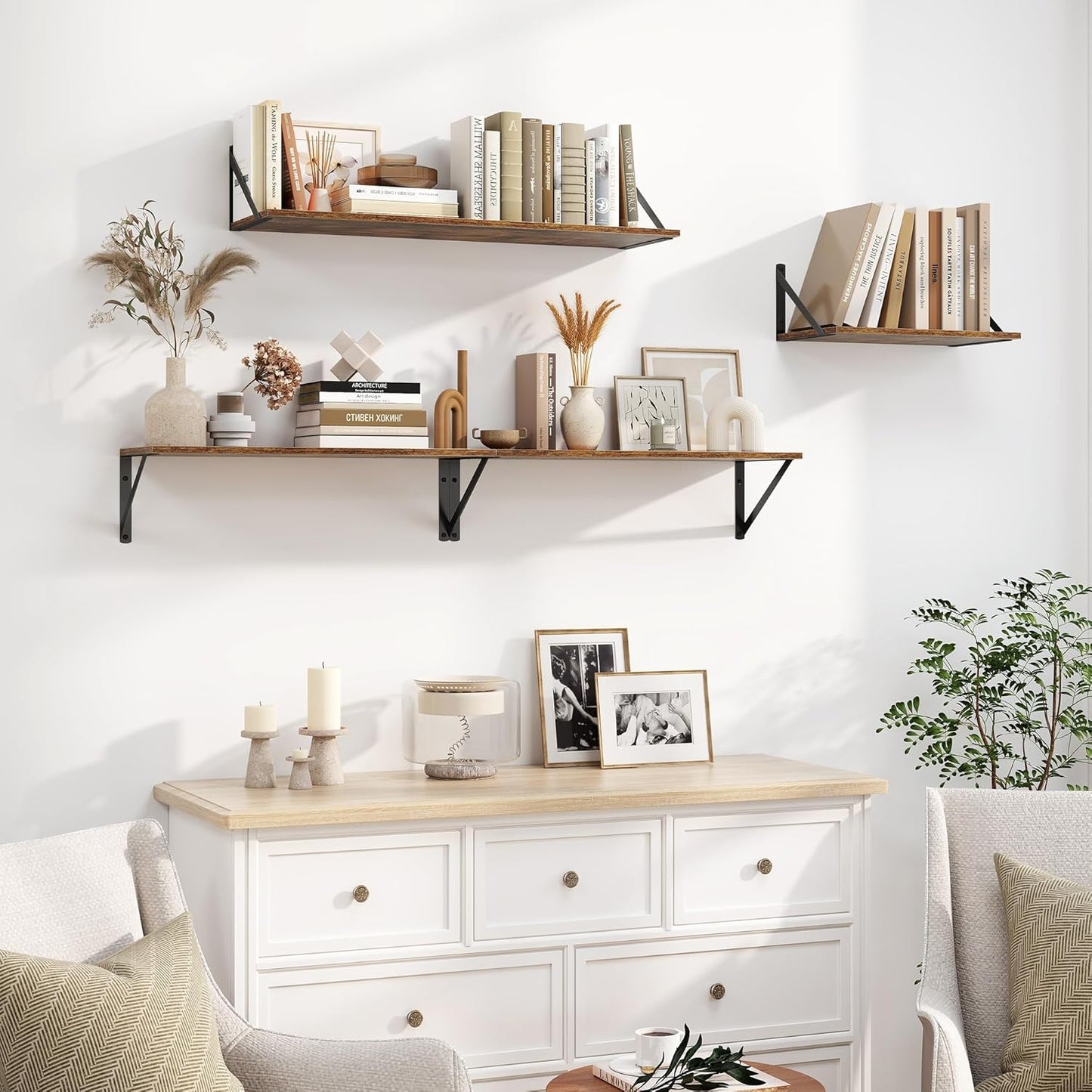 Heimlove Deep Floating Shelves for Wall, 32W x 8D Wood Wall Shelves Set of 2, Wide Floating Bookshelf for Living Room, Kitchen, Office, Bedroom and Decor Storage, with Metal Bracket - Rustic Brown