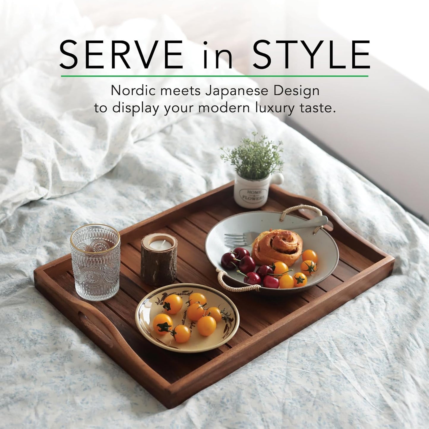 Large Acacia Wooden Serving Tray with Handles 20 x 14 inch Decorative Coffee Table Ottoman Tray for Living Room Extra Large for Kitchen Dinner Food Bar Breakfast in Bed (Color Natural)