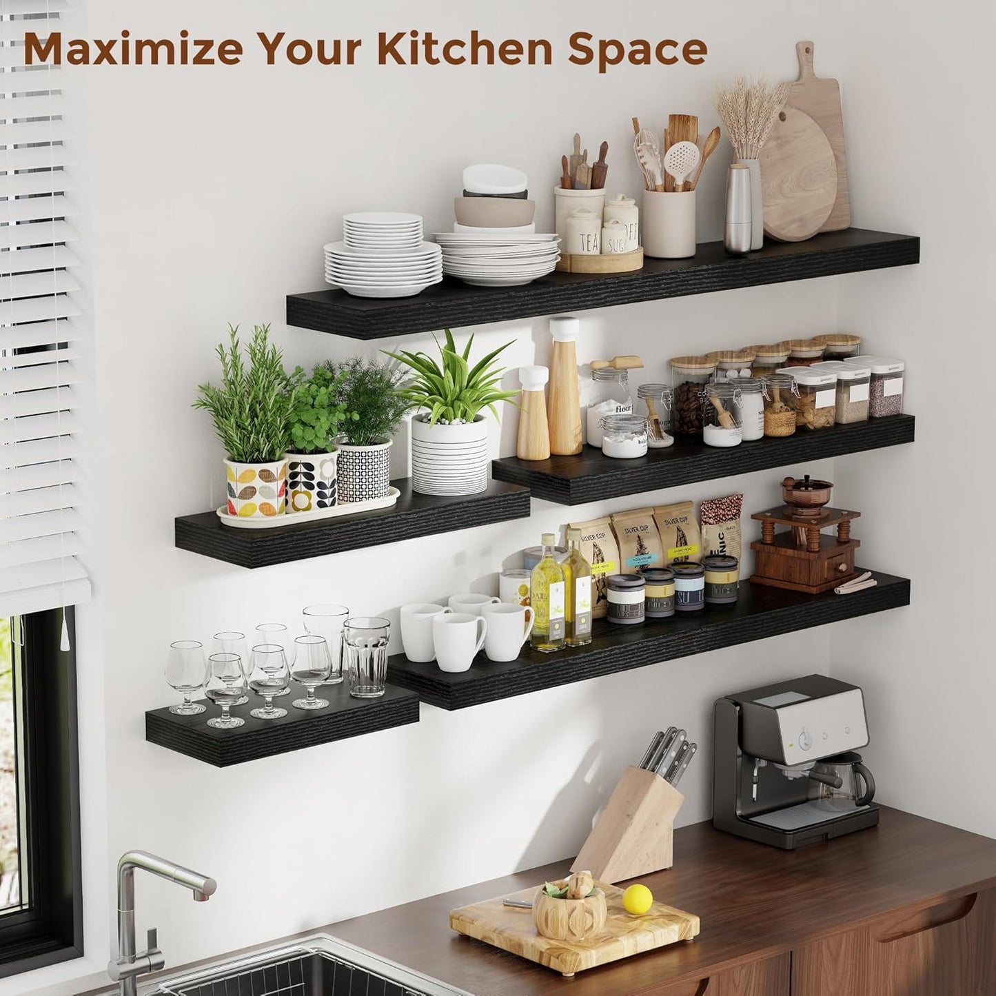 Heimlove 55 Inch Floating Shelves for Wall 8 Inch Deep Black Shelves Set of 2,Wall Mounted Rustic Wood Long Floating Shelf,Large Extra Display & Storage Shelf with Invisible Brackets