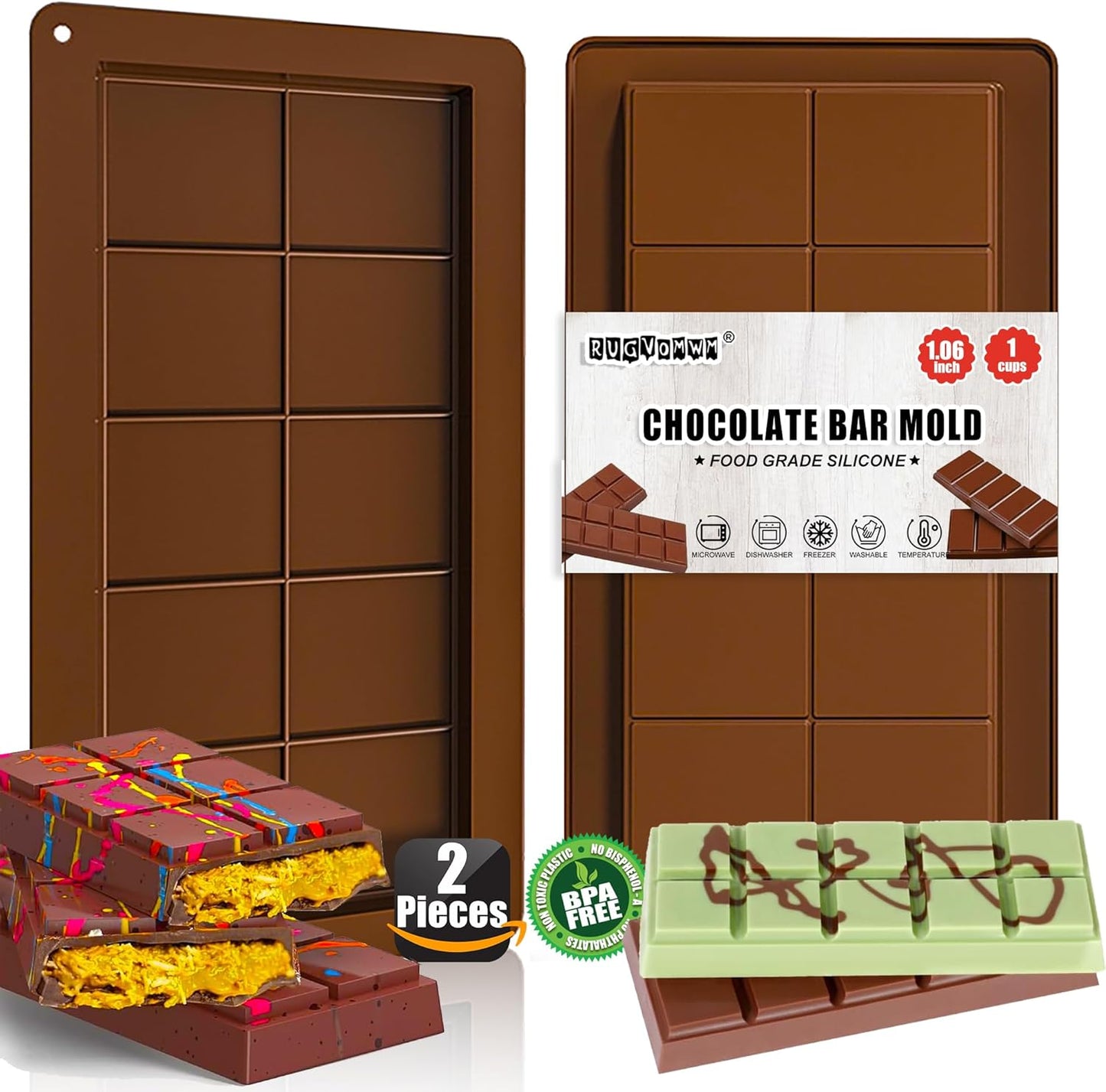 2 Pack Deep Chocolate Bar Molds Silicone,Large Stuffed Dubai Pistachio Deep Bar Moulds Kit 1 Inch Thick Big,for Homemade Making Bar Candy Bar Bpa Free DIY.