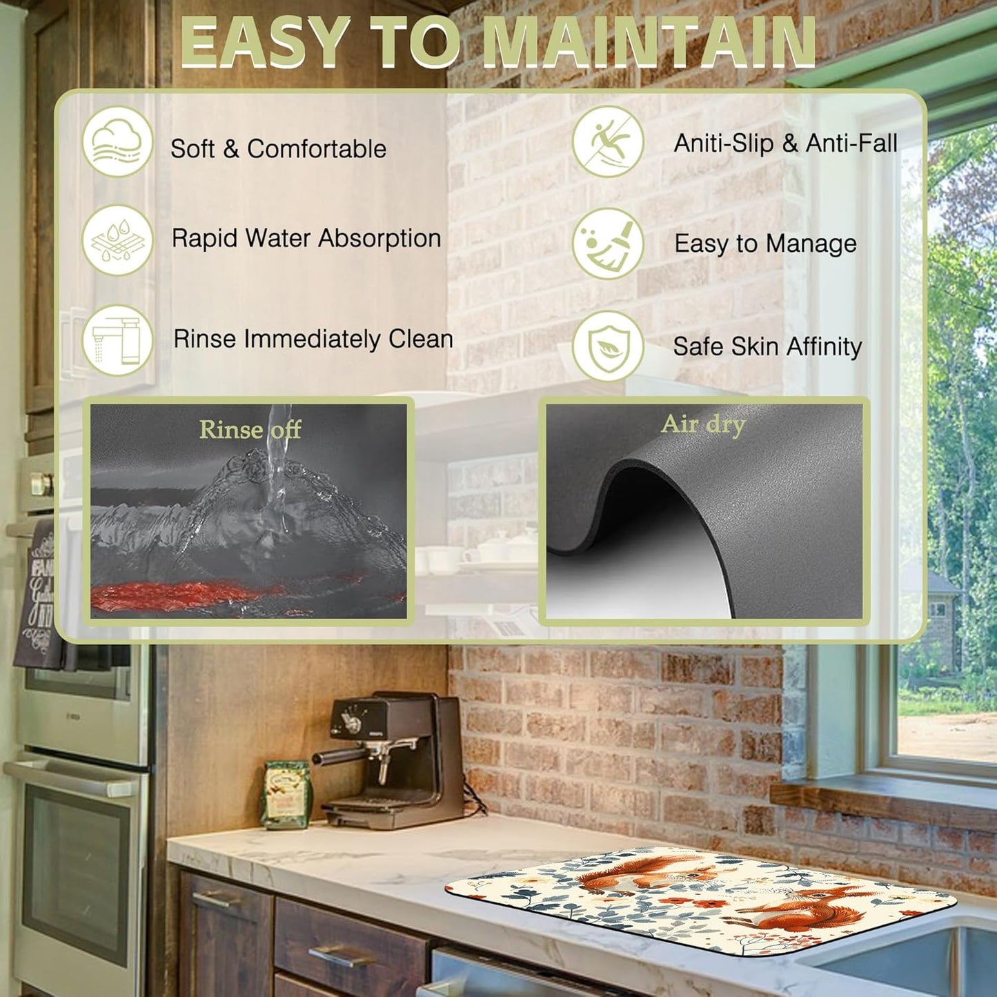 Dish Drying Mat Squirrel in the Flowers Kitchen Mat 12"x19" Bsorbent Coffee Maker Mat for Dishes,Utensils Coffee Maker Pots and Pans Easy Clean Dish Slip Resistant Pad