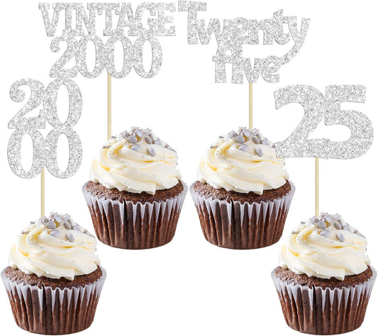 Gyufise 24Pcs 25th Birthday Cupcake Toppers Glitter Twenty-five Vintage 2000 Hello 25 Years Birthday Cupcake Pick Cheers to 25 Cake Decoration for Happy 25th Anniversary Party Supplies Silver