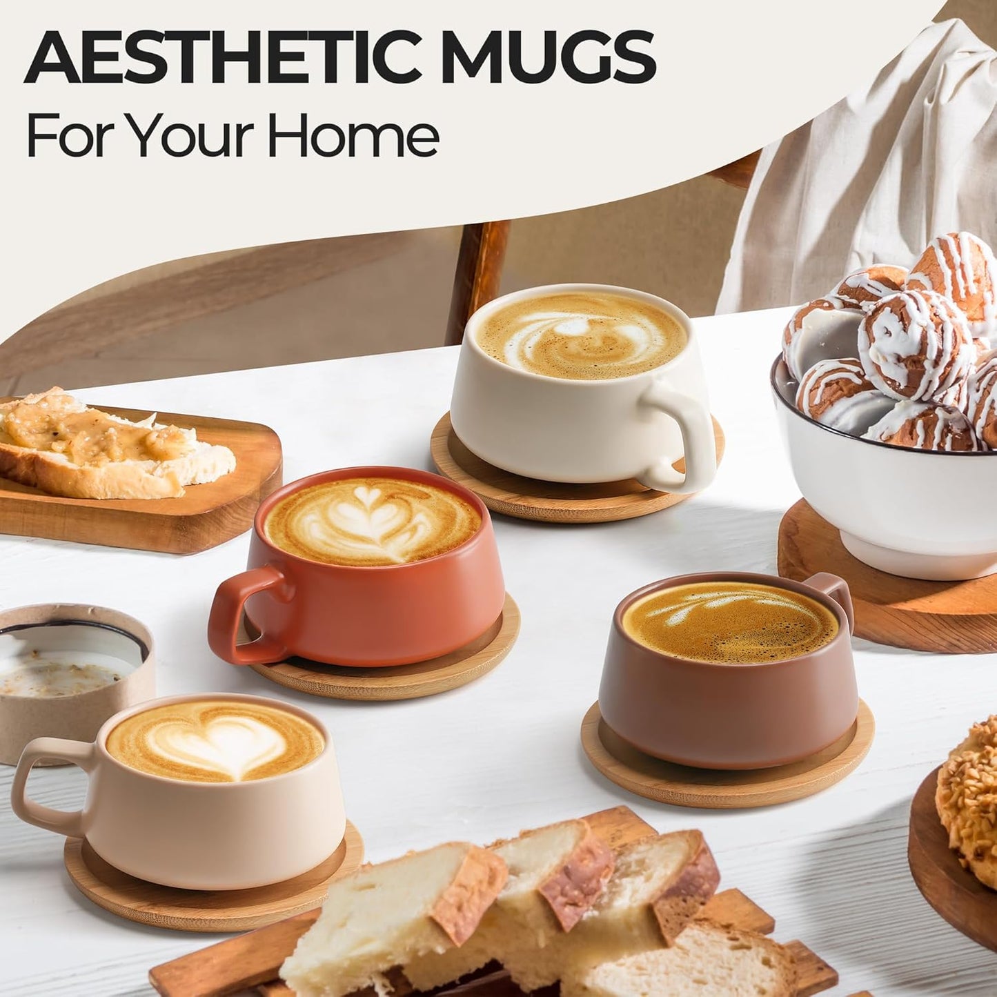 MIAMIO ā 11 Oz., Set of 4 Ceramic Tea Cup and Saucer Bamboo/Tea Mug - Wide Cappuccino Cup, Coffee Cups Ceramic Mug for Cappuccino, Latte, Espresso & Americano - Luxe Collection (Beige Pastel)
