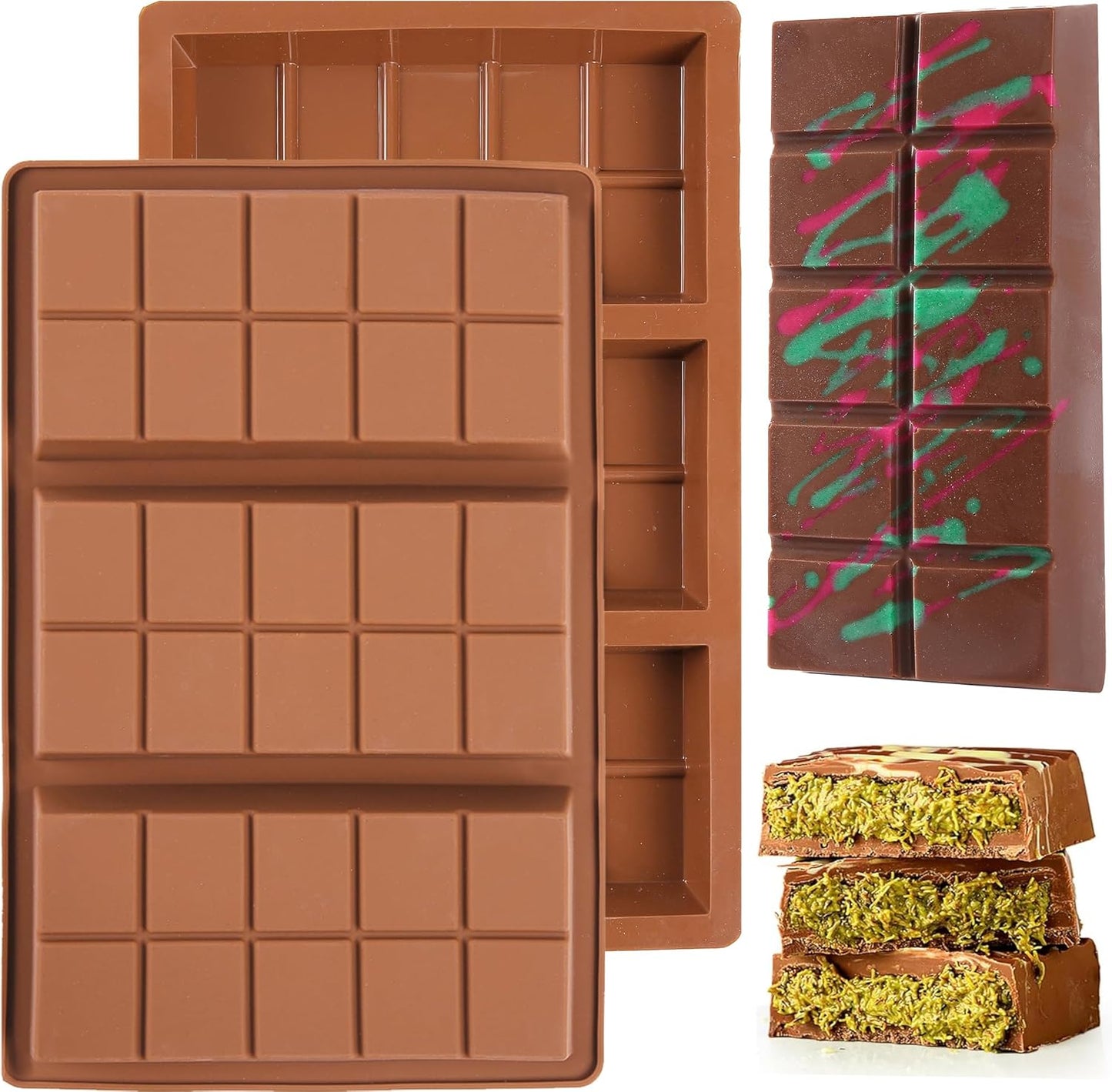 1 Inch Deep Chocolate Bar Mold, 3 Cavity Large Dubai Chocolate Molds, Thick Candy Bar Mould for Filling(2 Packs)