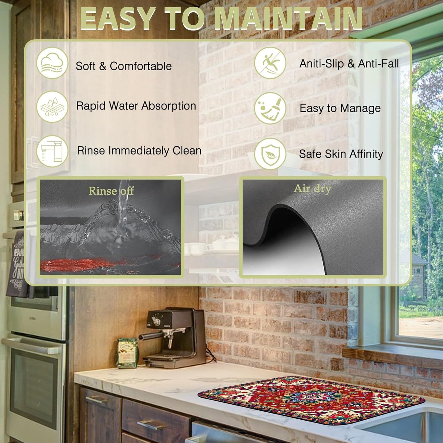 Dish Drying Mat Bohemia Tribal Carpet Texture Kitchen Mat 12"x19" Bsorbent Coffee Maker Mat for Dishes,Utensils Coffee Maker Pots and Pans Easy Clean Dish Slip Resistant Pad