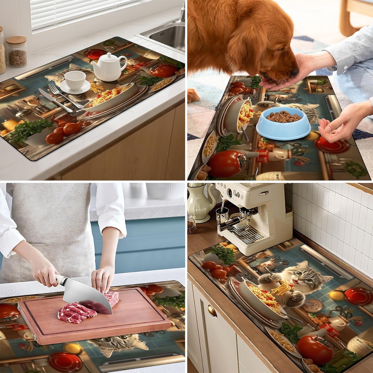 17"x 32" Coffee Bar Mat, Cat Chef Absorbent Dish Drying Mat Cuttable Hide Stain Draining Table Pad for Kitchen Counter, Coffee Bar Accessories