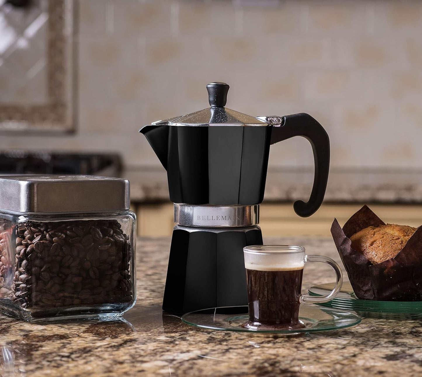 Bellemain Stovetop Espresso Maker | Italian Moka Pot Espresso Maker, Classic Aluminum Design Mocha Pot for Home Brewing & Camping | Easy to Use & Clean - 3-Cup, Black