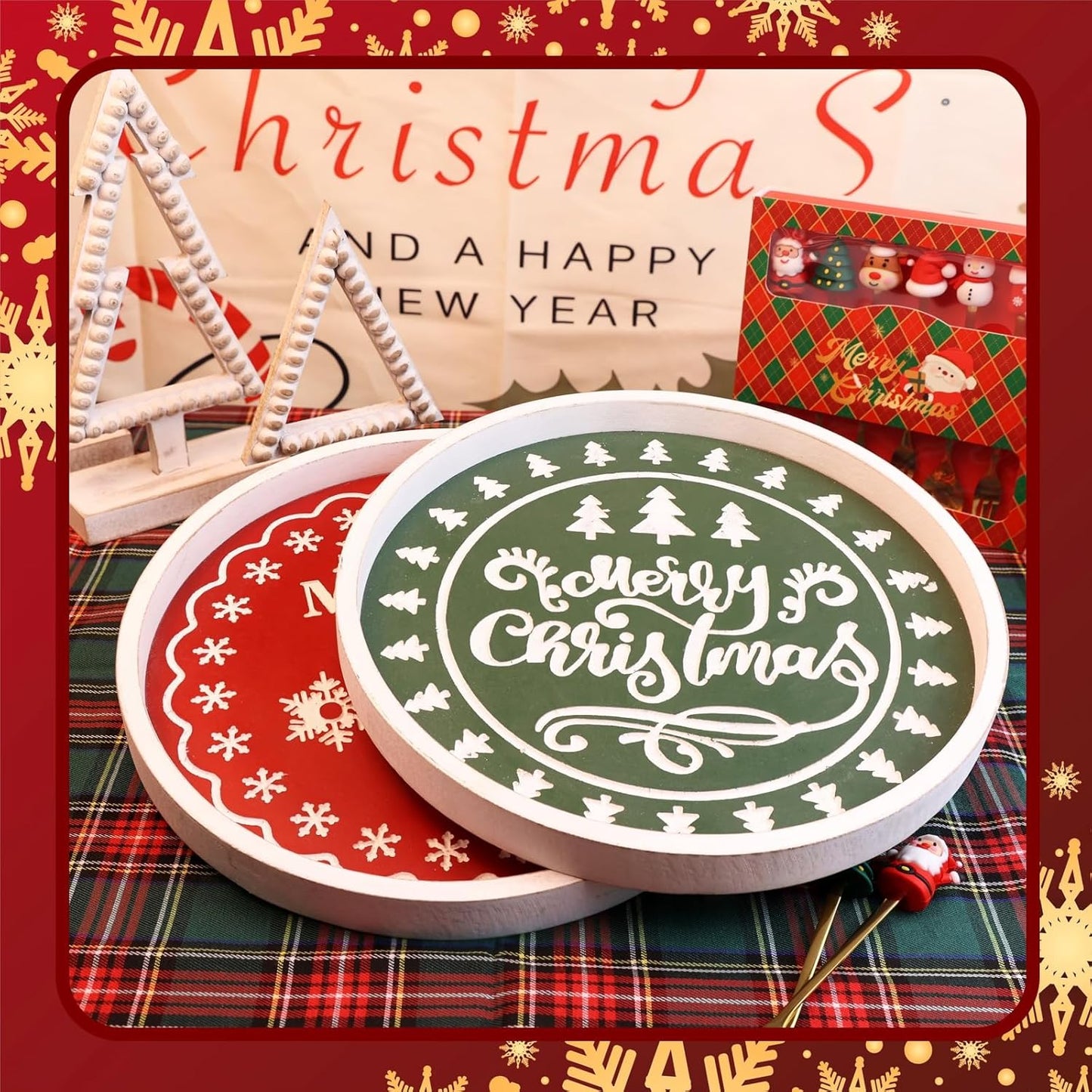 Christmas Wood Decorative Ottoman Tray for Coffee Table Kitchen Counter, Living Room, Round Handcrafted Green Wooden Serving Tray for Table Centerpiece