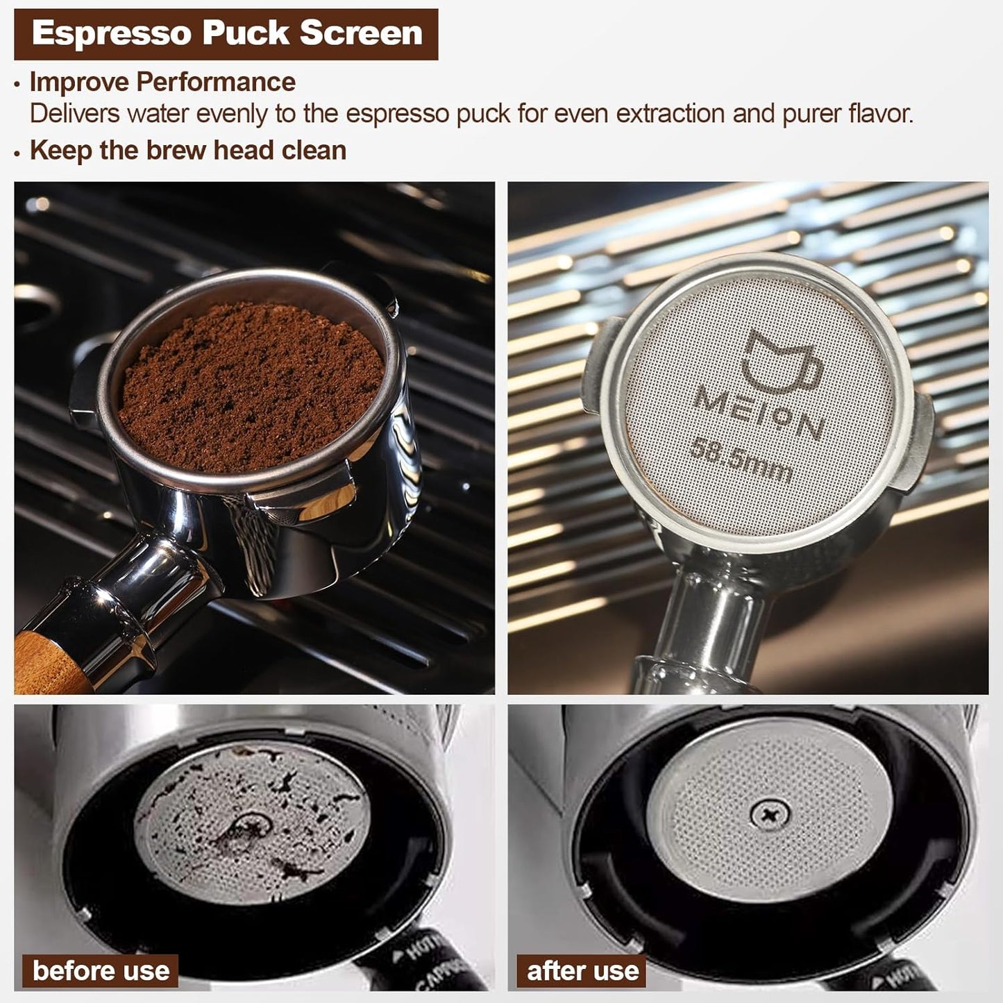 MEION 58mm Espresso Dosing Funnel and 58.5mm Puck Screen Set for 58mm Portafilters, Magnetic Coffee Portafilter Funnel, Reusable Espresso Puck Screen, Espresso Tools Espresso Accessories (58mm, Black)