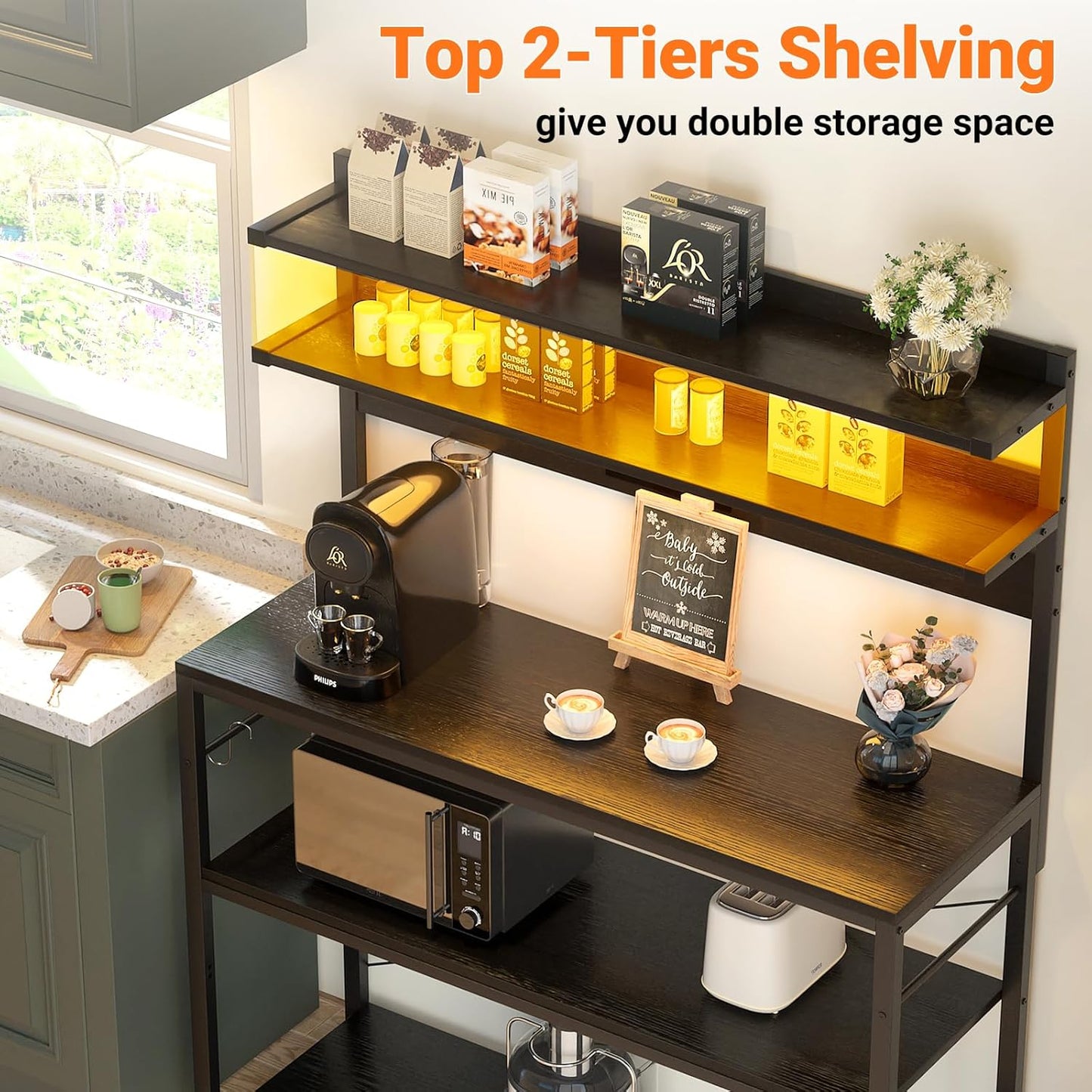 Aheaplus Bakers Rack with Power Outlet, Microwave Stand, 5 Tiers Coffee Bar Station with Led Lights, Kitchen Storage Shelf with 6 S-Shaped Hooks, Kitchen Rack Coffee Bar Stand, Black