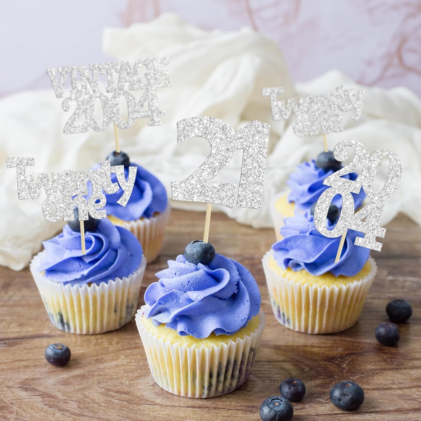 Gyufise 24Pcs 21st Birthday Cupcake Toppers Glitter Twenty-one Vintage 2004 Hello 21 Years Birthday Cupcake Picks Cheers to 21 Cake Decor for Happy 21st Anniversary Party Supplies Silver