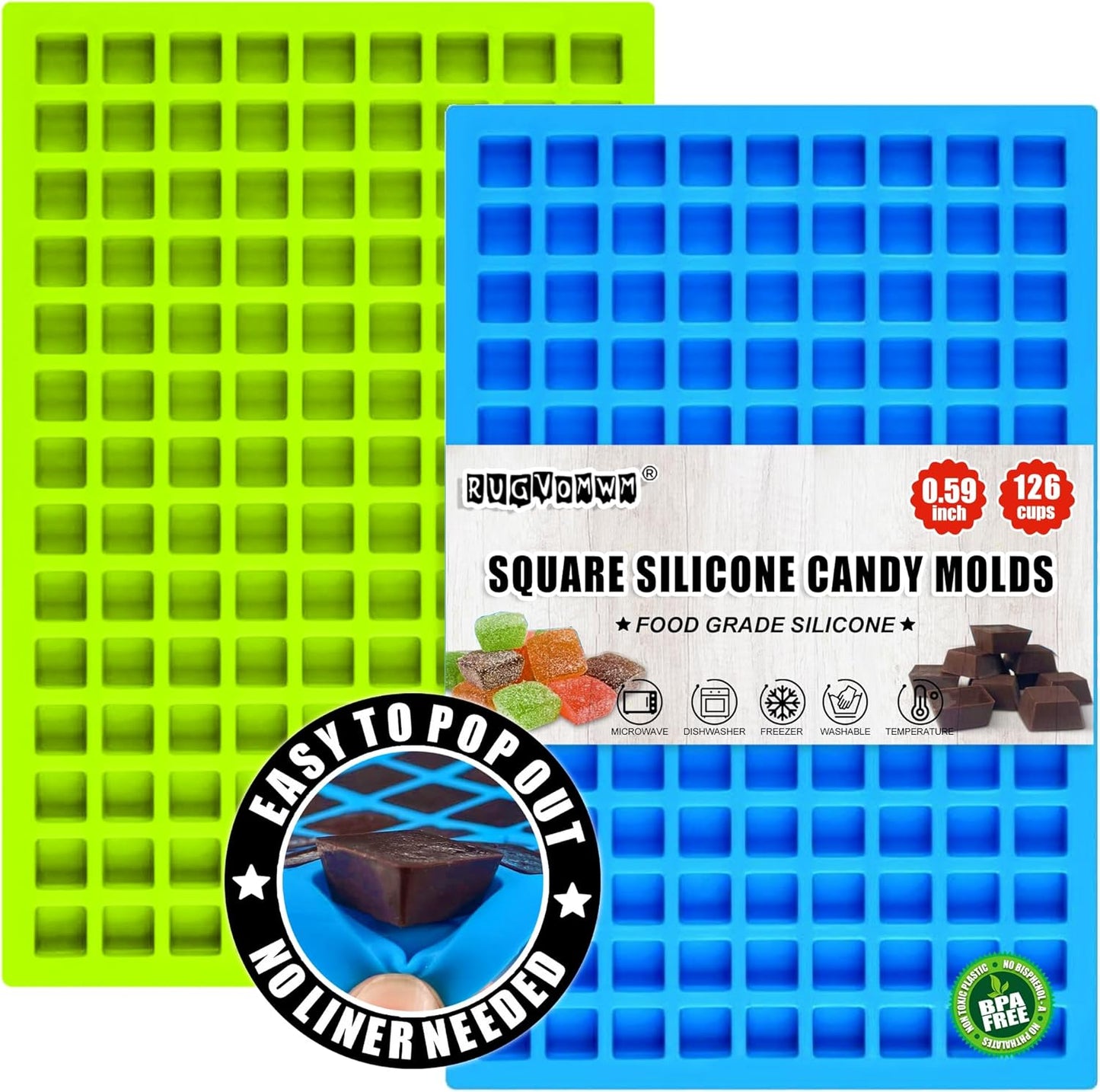 50 Cavities Mini Square Silicone Candy Molds -Square Hard Candy Mold for Hard Candy, Chocolate, Gummy, Caramel, Ganache, Ice Cubes.2 Packs- Blue&Green
