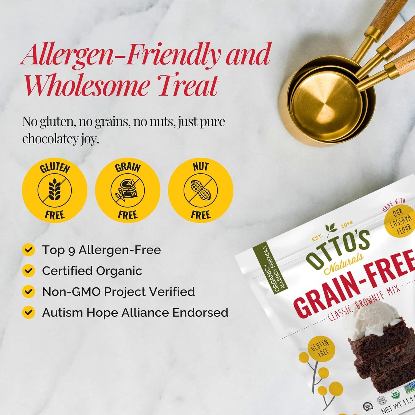 Otto's Naturals Grain-Free Classic Brownie Mix, 11.1 Oz., Top 9 Allergen-Free, Organic Cassava Flour, Gluten Free, Non-GMO, Vegan, Plant-Based