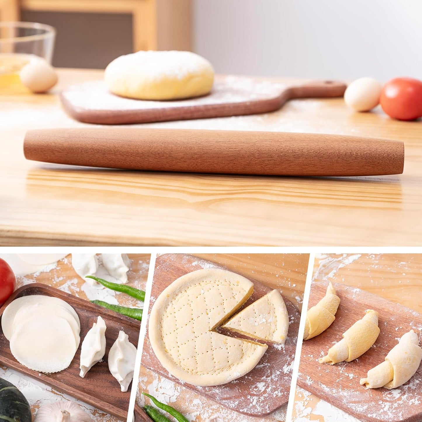 AISOSO French Rolling Pin, 15.75 Inches Wood Rolling Pins for Baking, Extra Long Classic Wooden Dough Roller for Fondant Pizza Pie Crust Cookie Pastry, Kitchen Baking Essentials, Brown