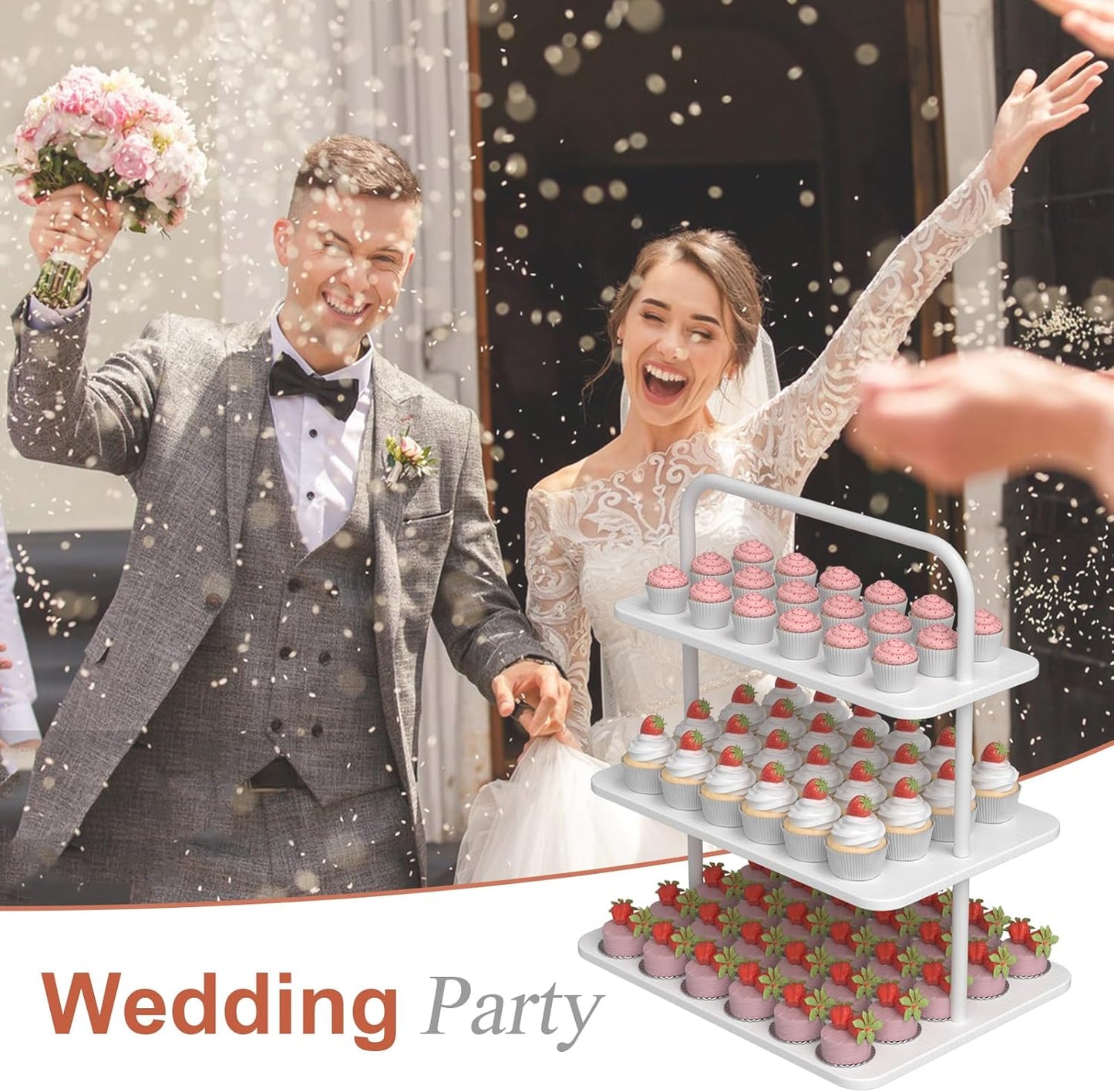 Cupcake Stand, 3-Tier Dessert Stand for 68 Cupcakes, Wood & Metal Tower Display Premium Holder Dessert Tree Tower for Wedding Graduation Birthday Christmas Party, Serving Tray, White